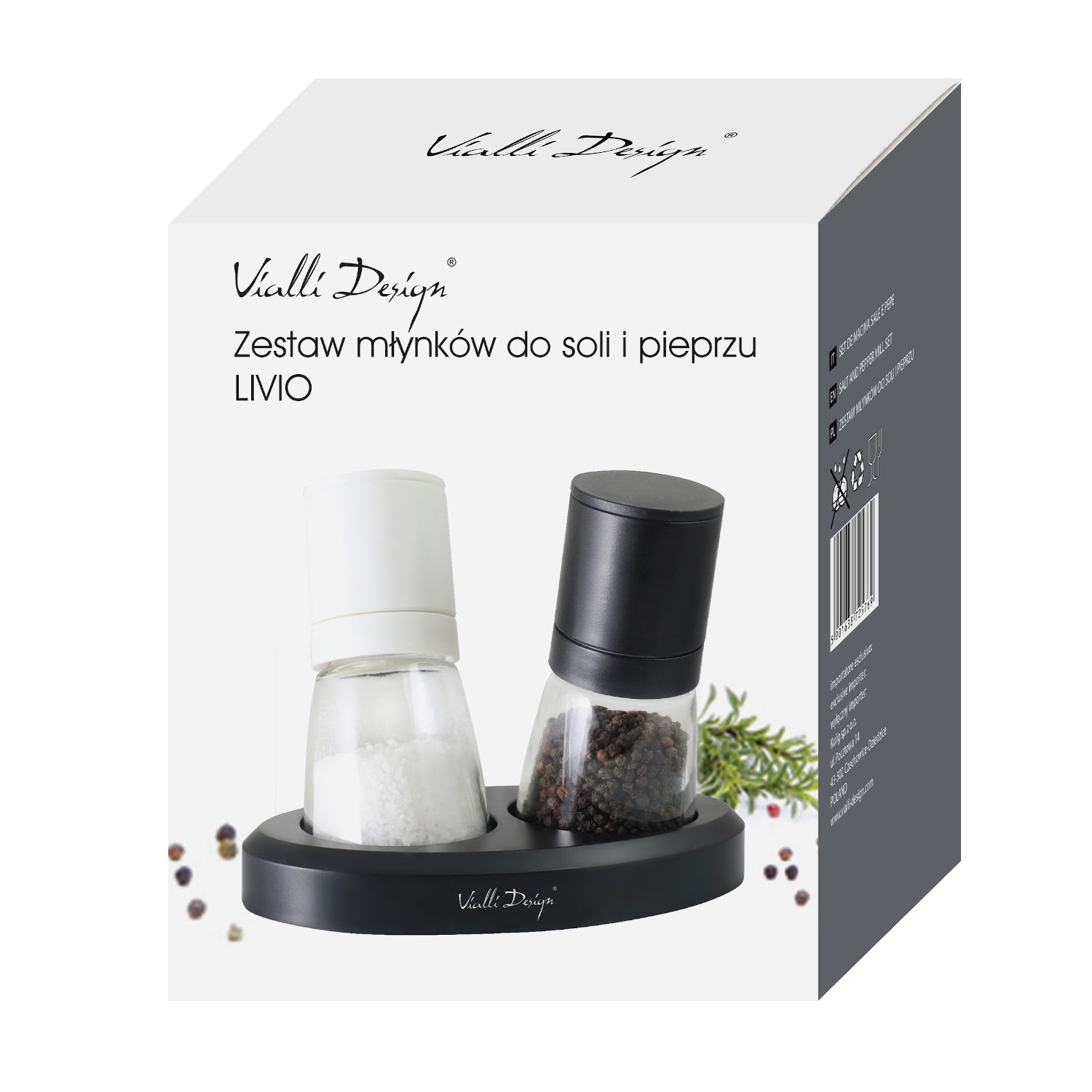 VIALLI DESIGN Livio czarne 2 szt. - młynki do pieprzu i soli plastikowe ręczne z podstawką