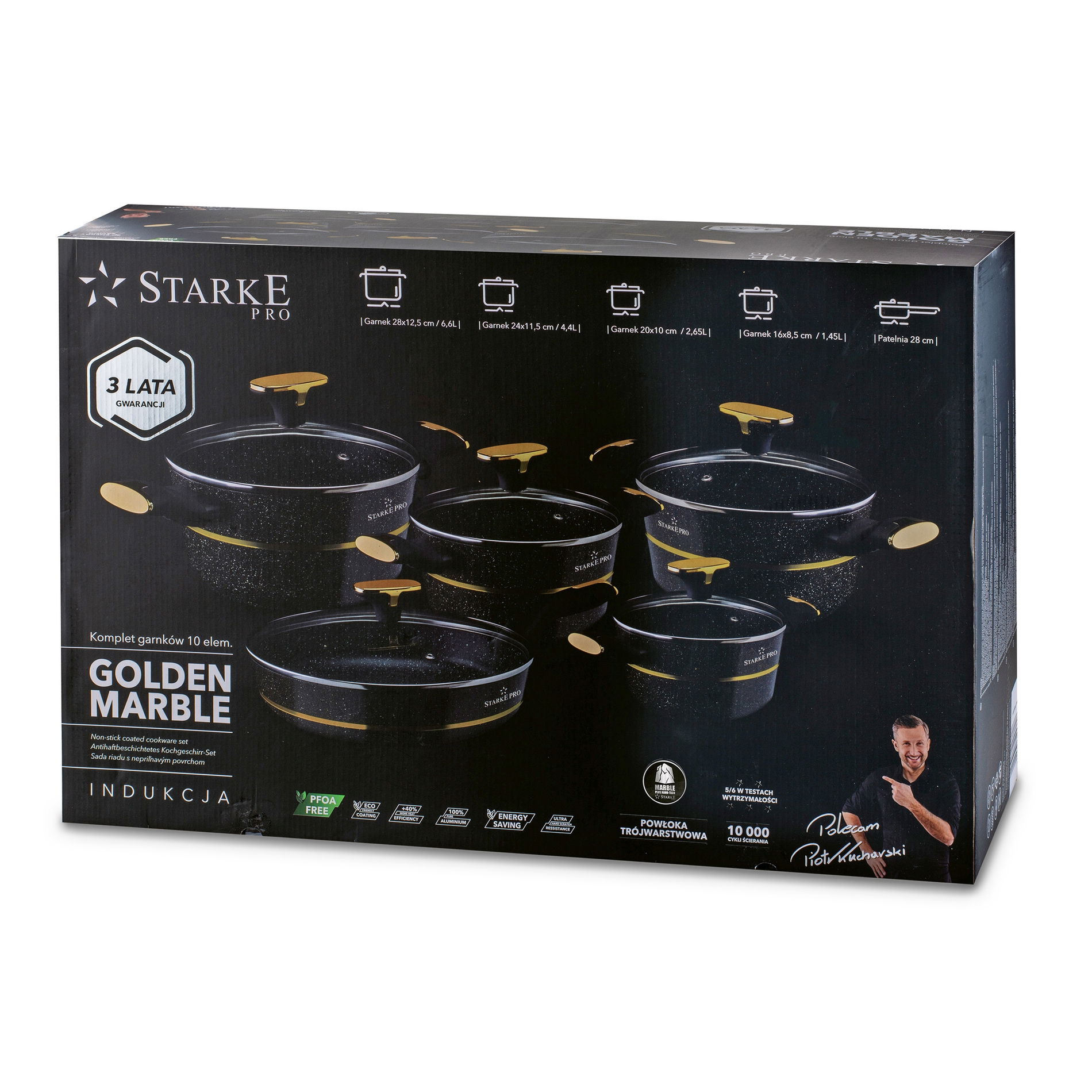 Zestaw 4 garnków granitowych z pokrywkami i patelnią STARKE PRO GOLDEN MARBLE 10 el.