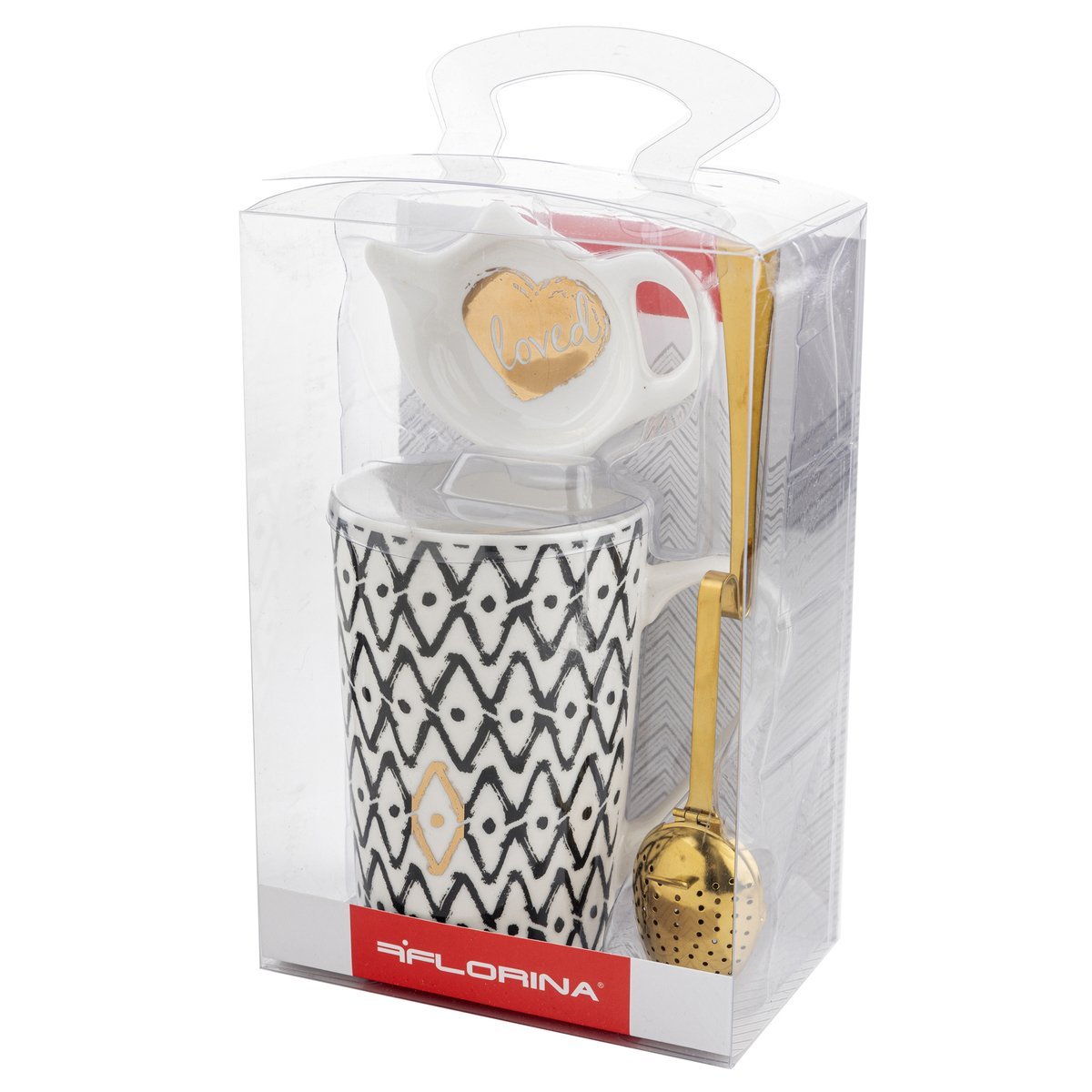 Kubek porcelanowy z zaparzaczem i podkładką na torebki od herbaty FLORINA GLITZ 350 ml