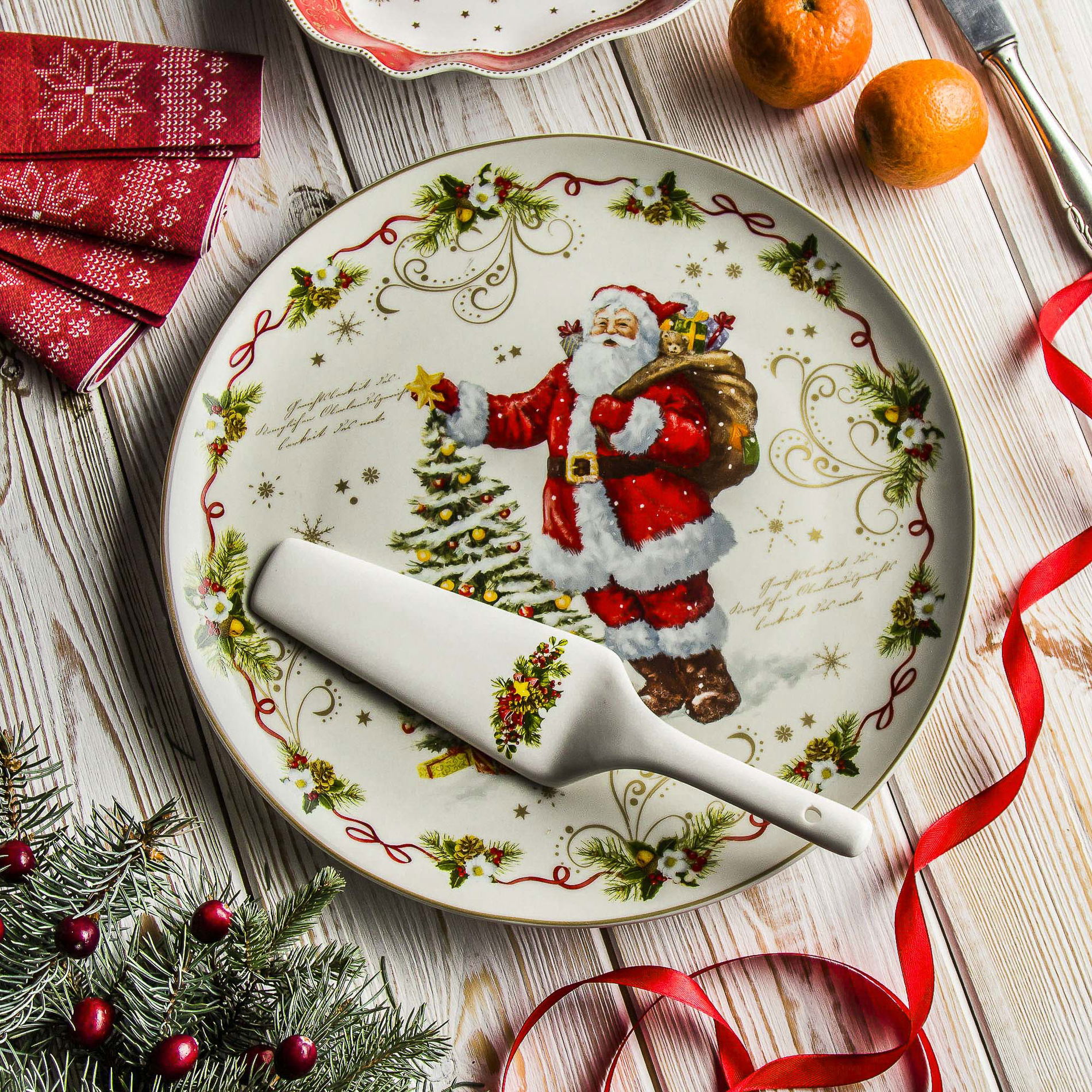 Porcelánový stojan na dort, cukroví a ovoce s dortovou stěrkou MAGIC CHRISTMAS 30 cm