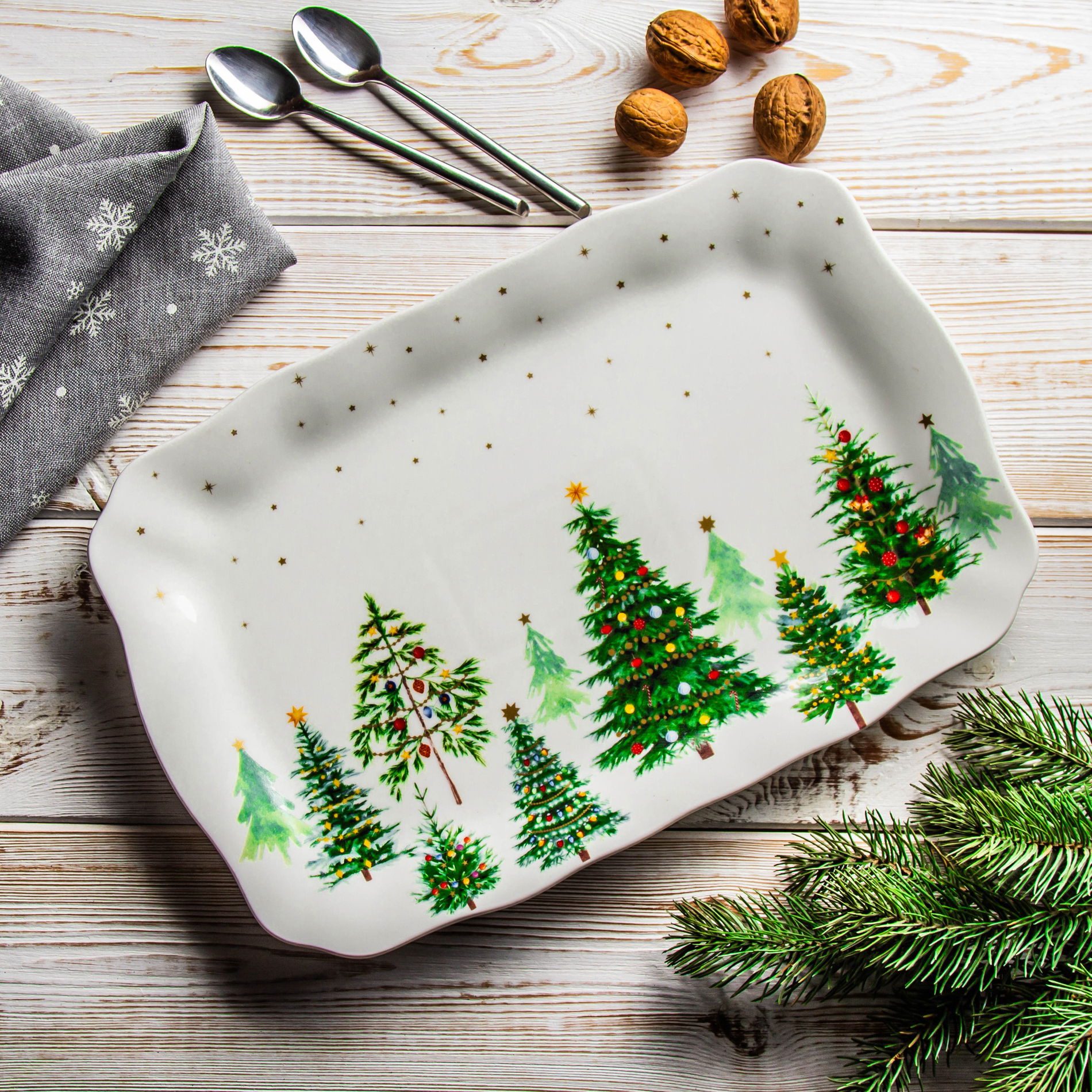 Vánoční porcelánový podnos EASY LIFE FESTIVE TREES 35 x 23 cm