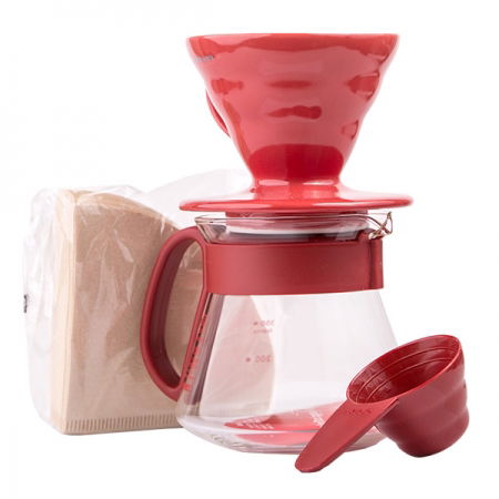 HARIO V60-01 Dripper And Pot 0,4 l červený – keramický dripper na kávu s konvičkou, filtry a měrkou