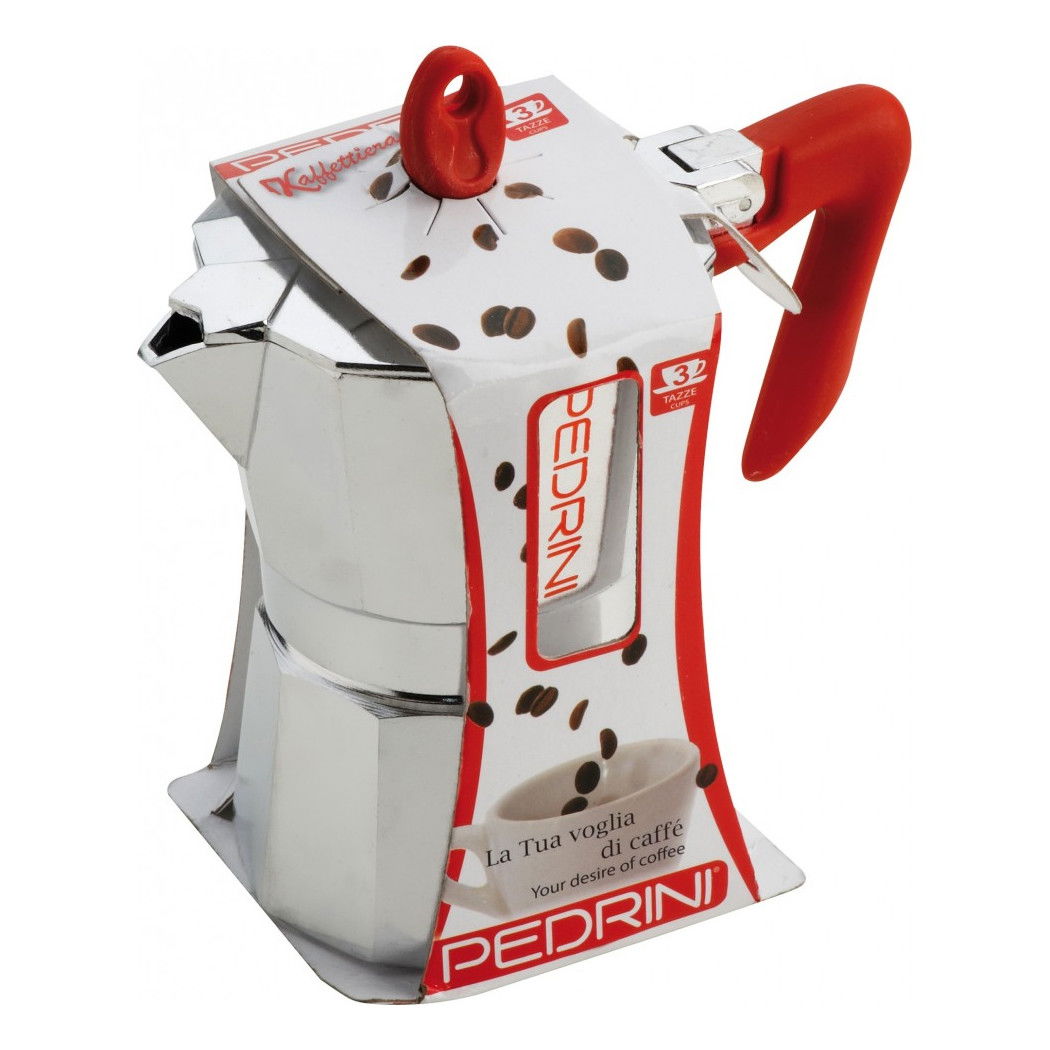PEDRINI Kaffettiera Red na 3 filiżanki espresso (3 tz) - kawiarka aluminiowa ciśnieniowa