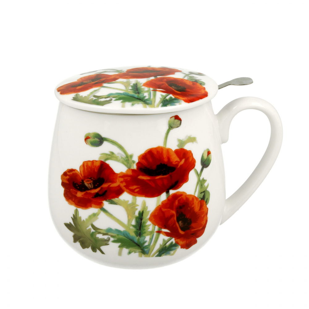 DUO CLASSIC POPPIES AND WILD BIRDS porcelánové hrnky s pítkem a víčkem 4 ks. 430 ml