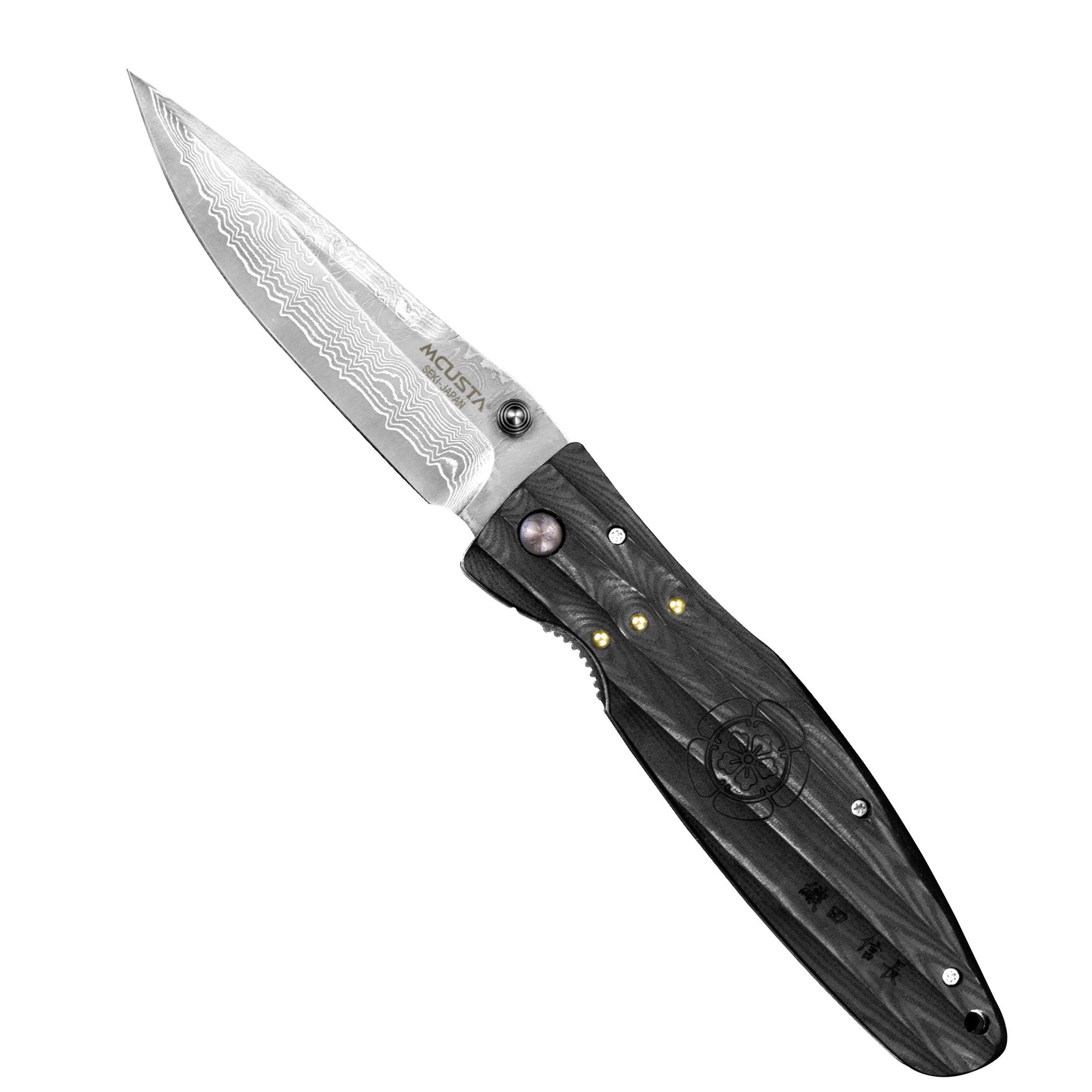 MCUSTA Sengoku Black Micarta Damascus 8,5 cm - japoński nóż survivalowy składany ze stali damasceńskiej
