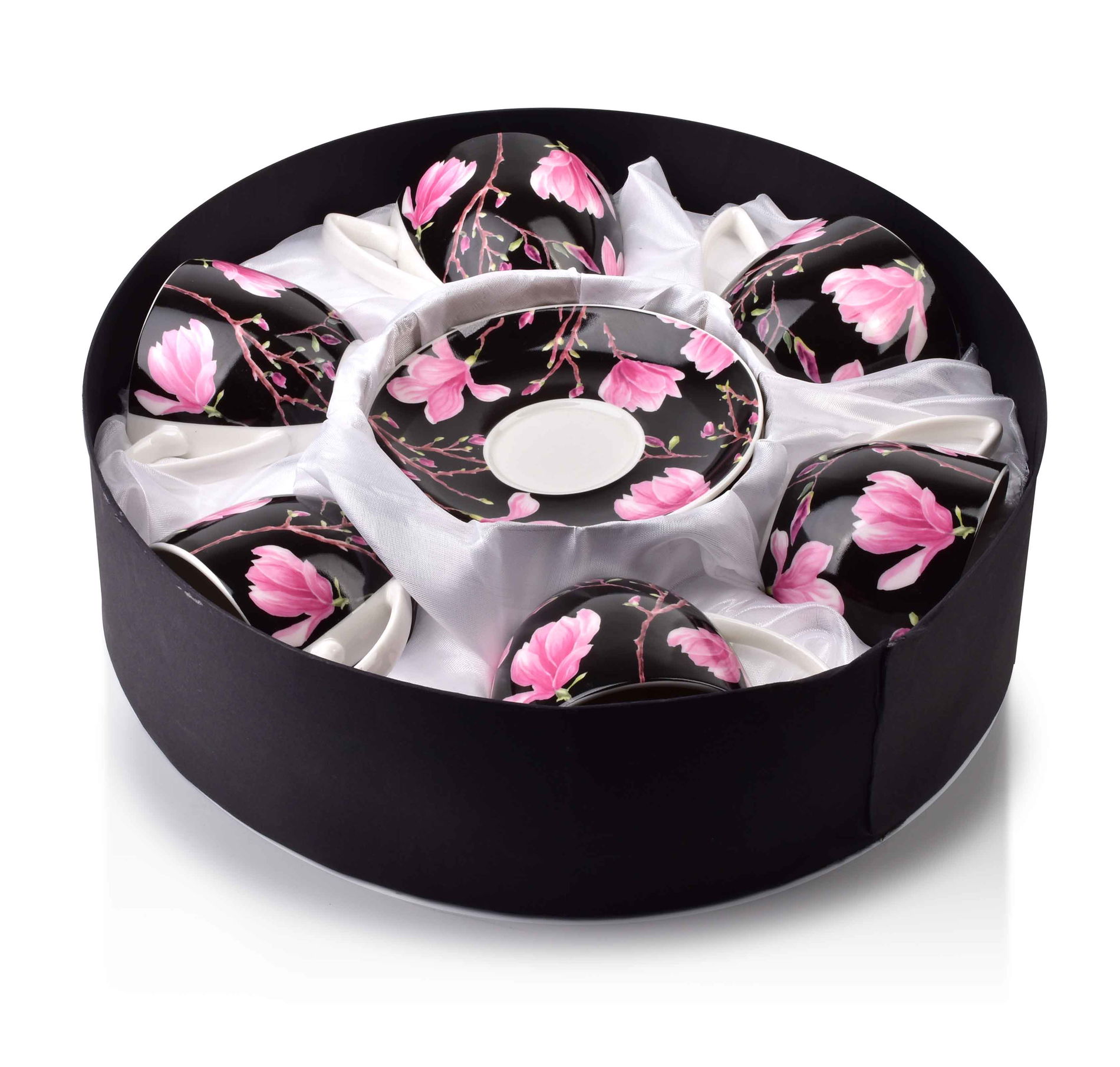Porcelánové šálky na kávu a čaj s tanierikmi AFFEK DESIGN AYLA MAGNOLIA ČIERNE 250 ml 6 ks.