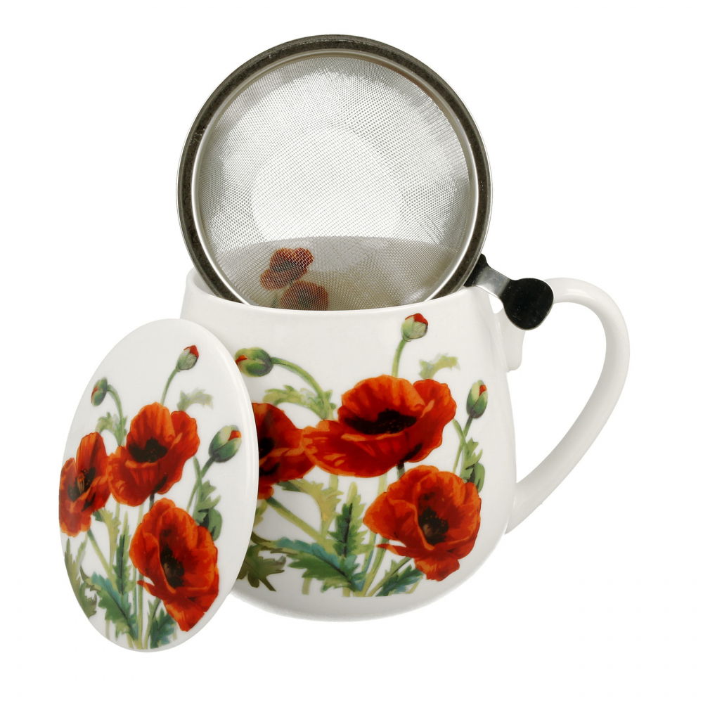 DUO CLASSIC POPPIES AND WILD BIRDS porcelánové hrnky s pítkem a víčkem 4 ks. 430 ml