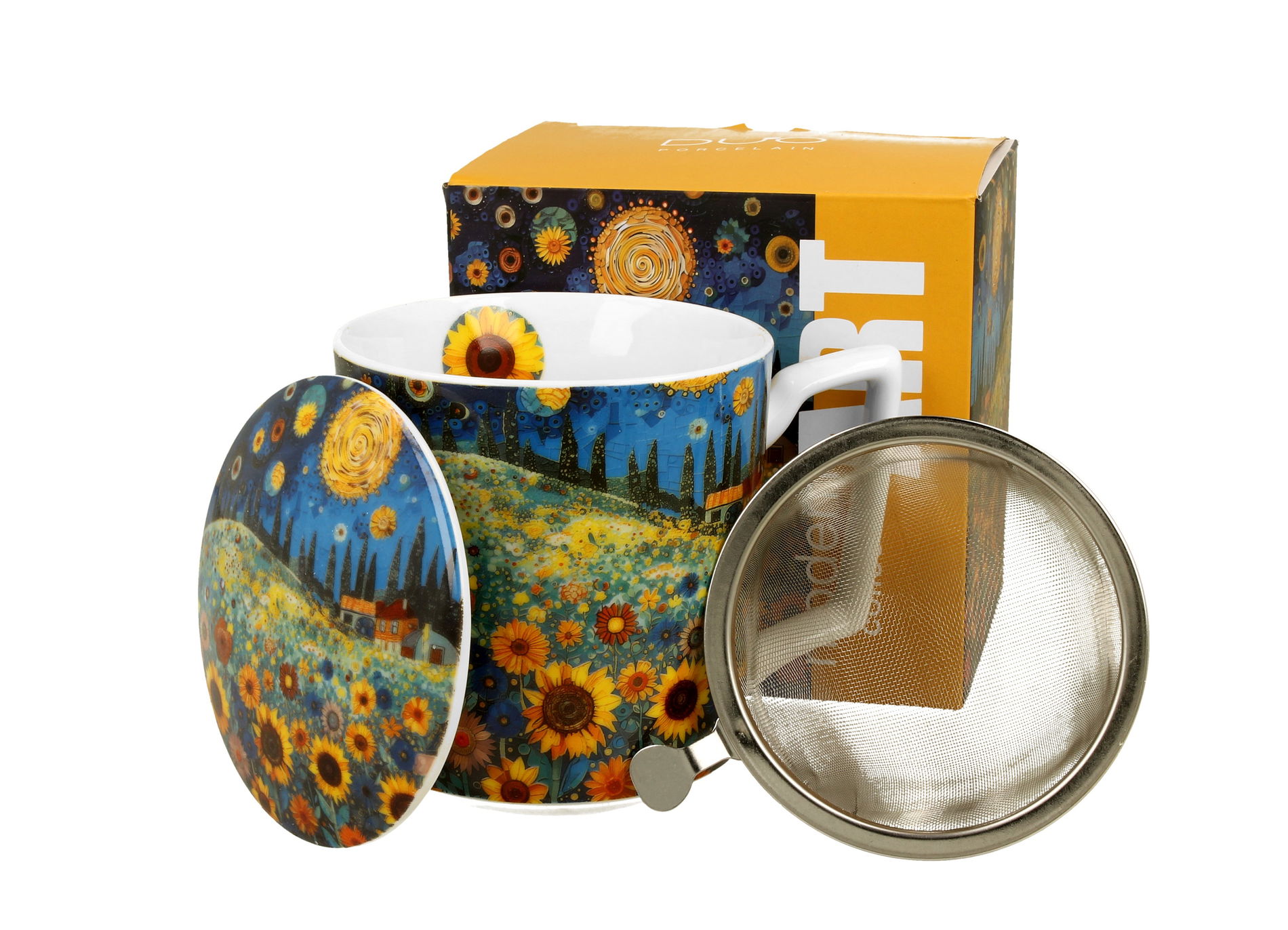 Kubek porcelanowy z zaparzaczem i pokrywką DUO MODERN SUNFLOWER FIELD 450 ml