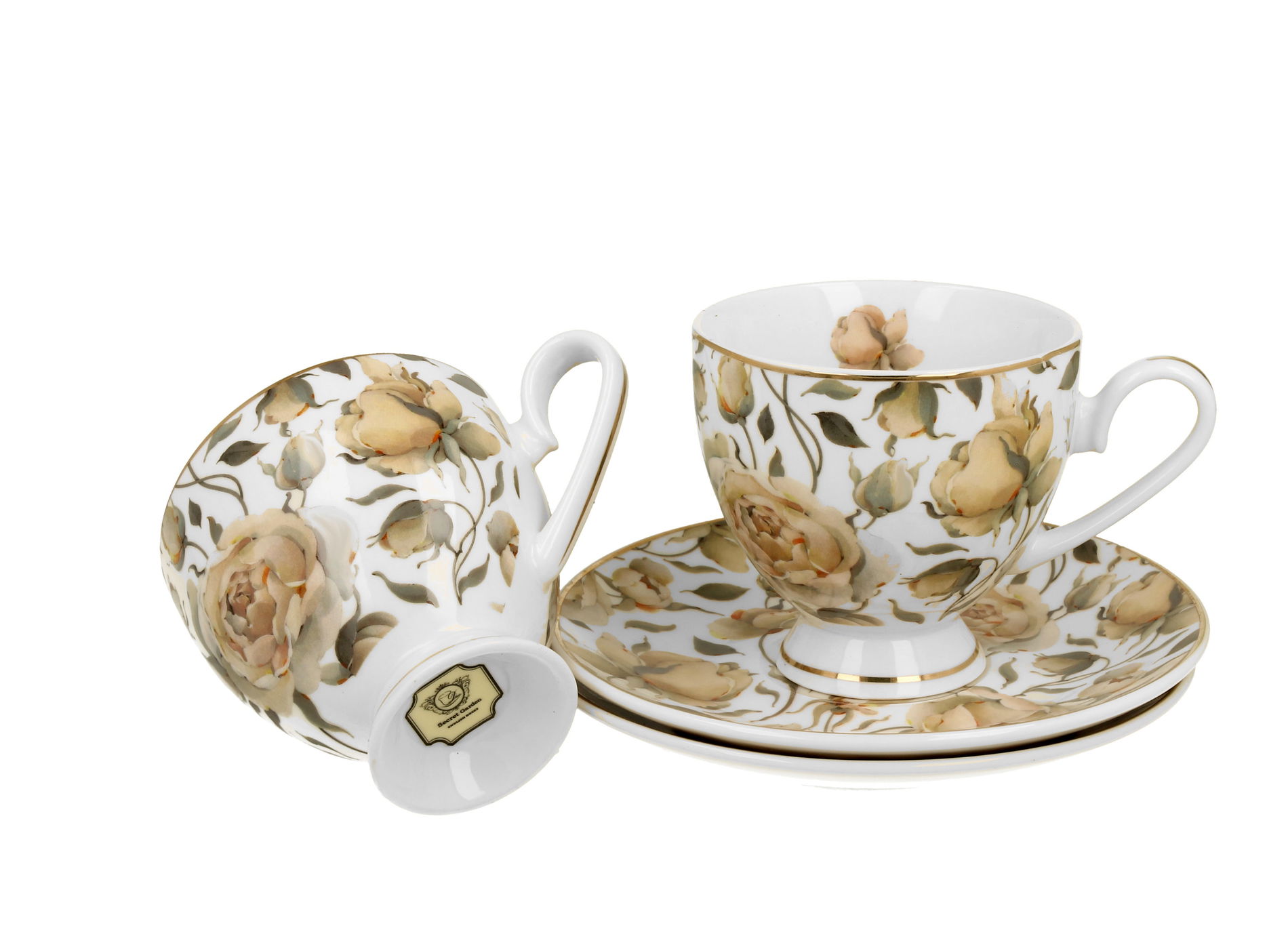 Porcelánové šálky na kávu a čaj s tanierikmi DUO THE SECRET GARDEN ENGLISH ROSES 220 ml 2 ks.