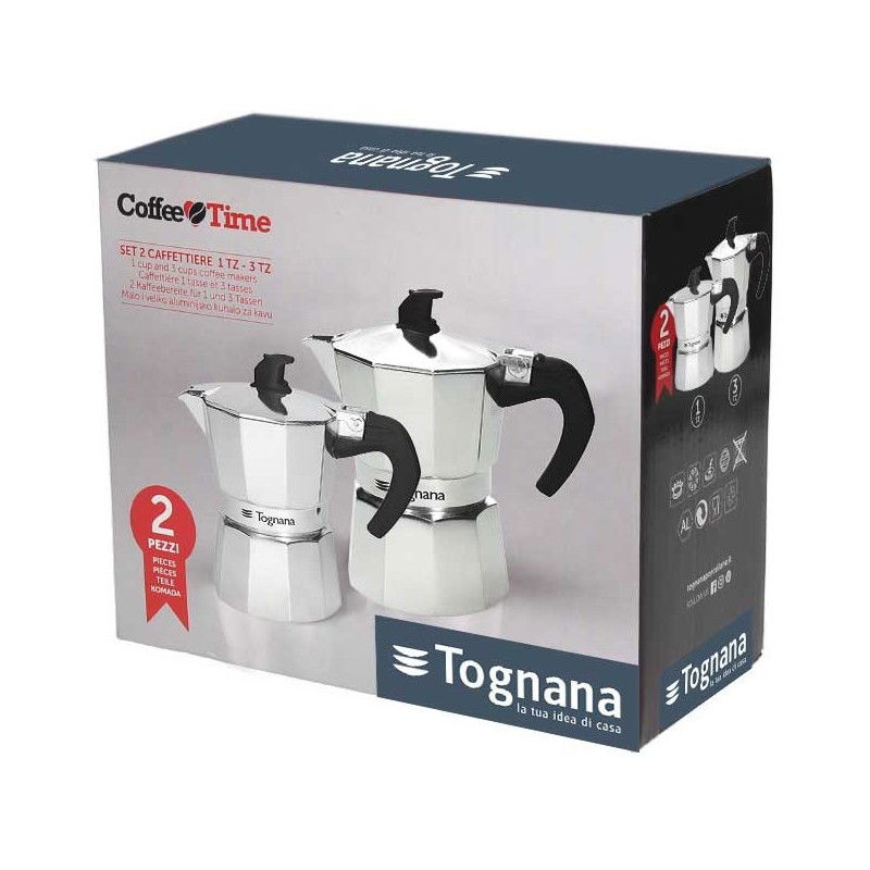 TOGNANA Coffee Time - pro 1 šálek espresso a pro 3 šálky espresso (1/3 tz) - sada hliníkových tlakových kávovarů
