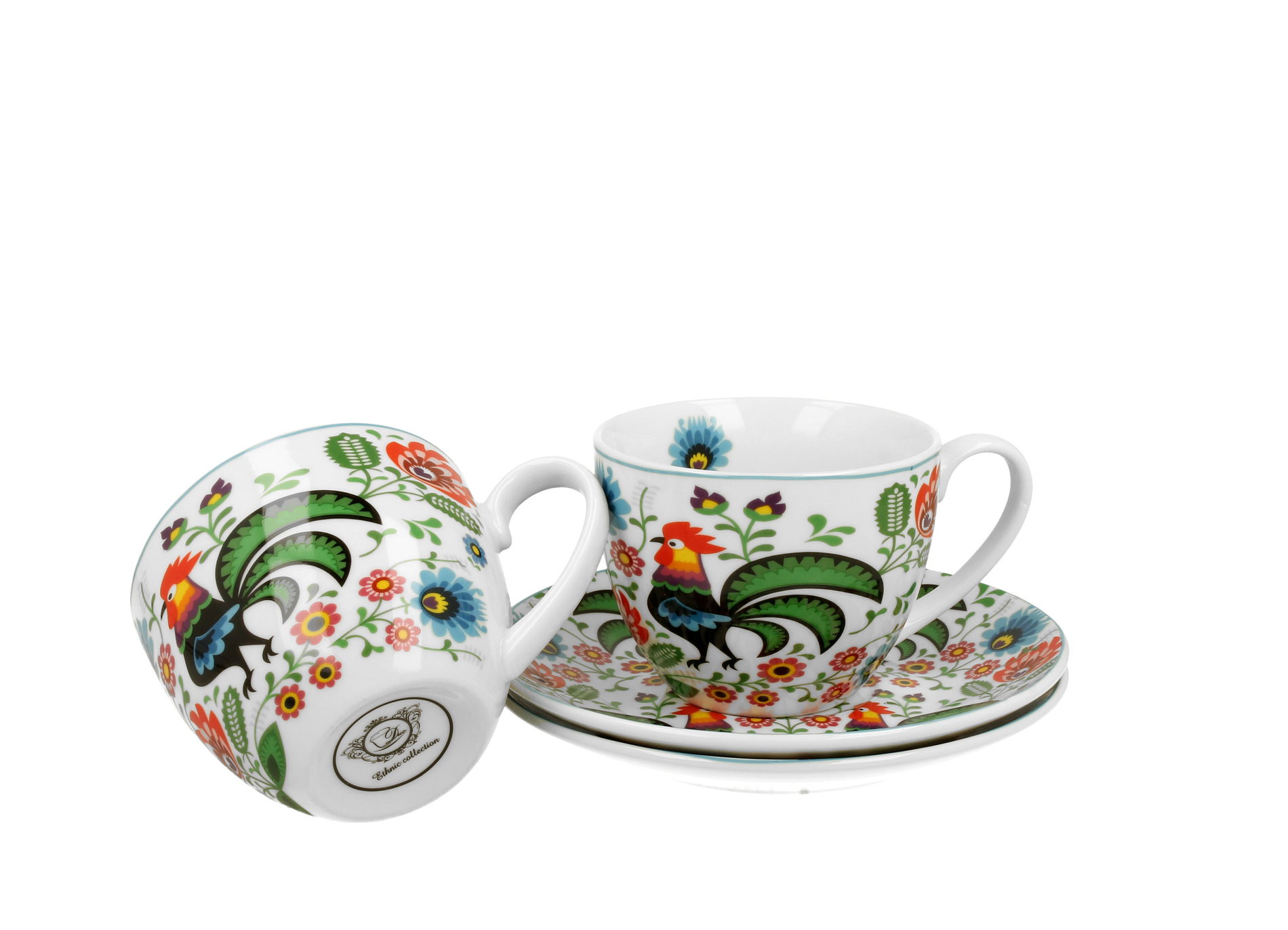 Filiżanki do kawy i herbaty porcelanowe ze spodkami DUO KOGUTY FOLK 250 ml 2 szt.