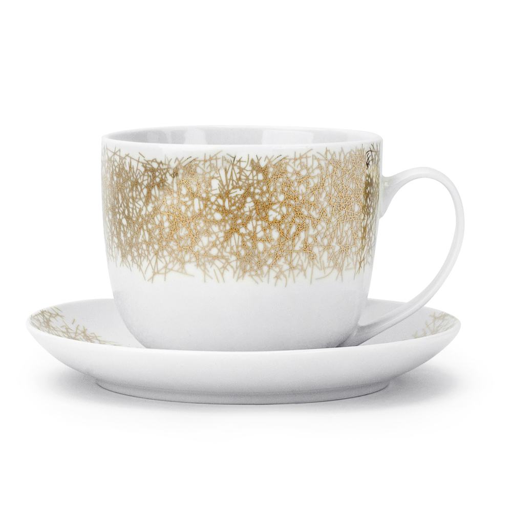Porcelánový šál na kávu a čaj s tanierikom CERAMIKA TUŁOWICE LINE GOLD BIELA 450 ml
