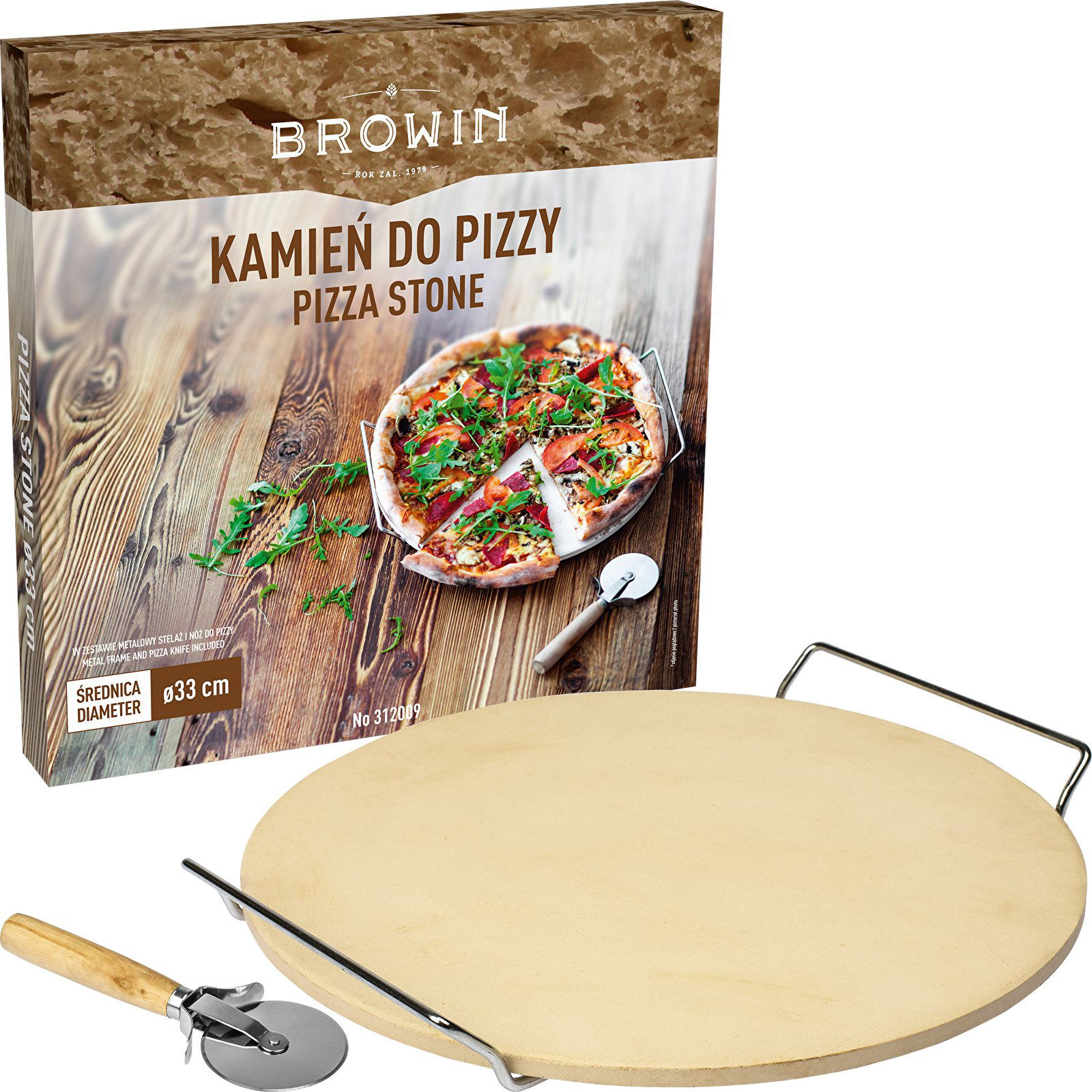 BROWIN 33 cm - kordieritový kámen na pizzu s držadlem a nožem