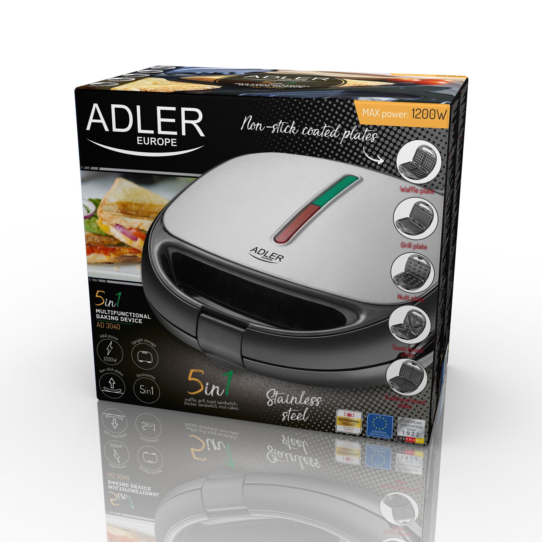 ADLER Kapi 5w1 1200 W - toster / opiekacz do kanapek elektryczny stalowy