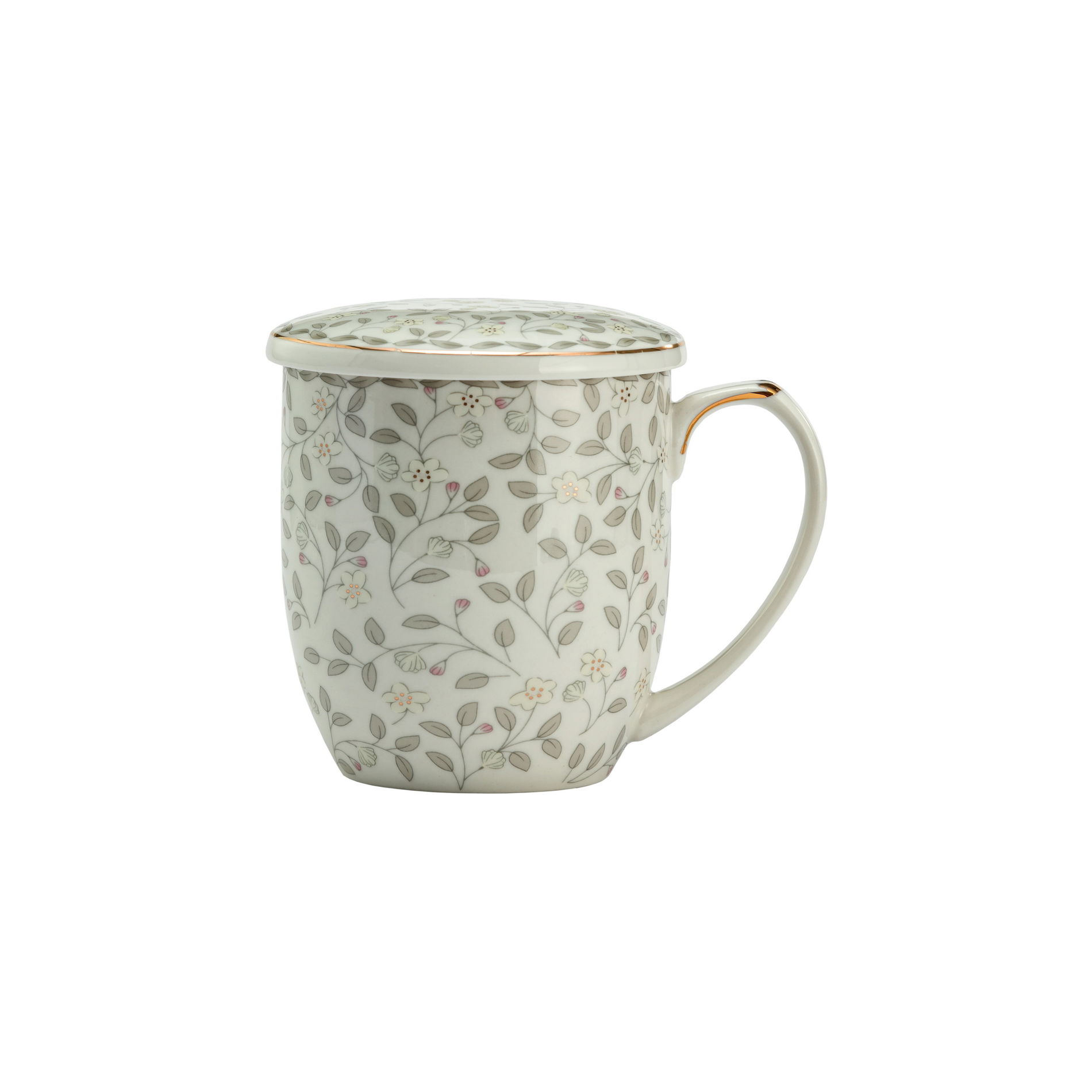 Porcelánový hrnček s čajovým infúzerom a vekom ALICE BIELO-ŠEDÝ 425 ml