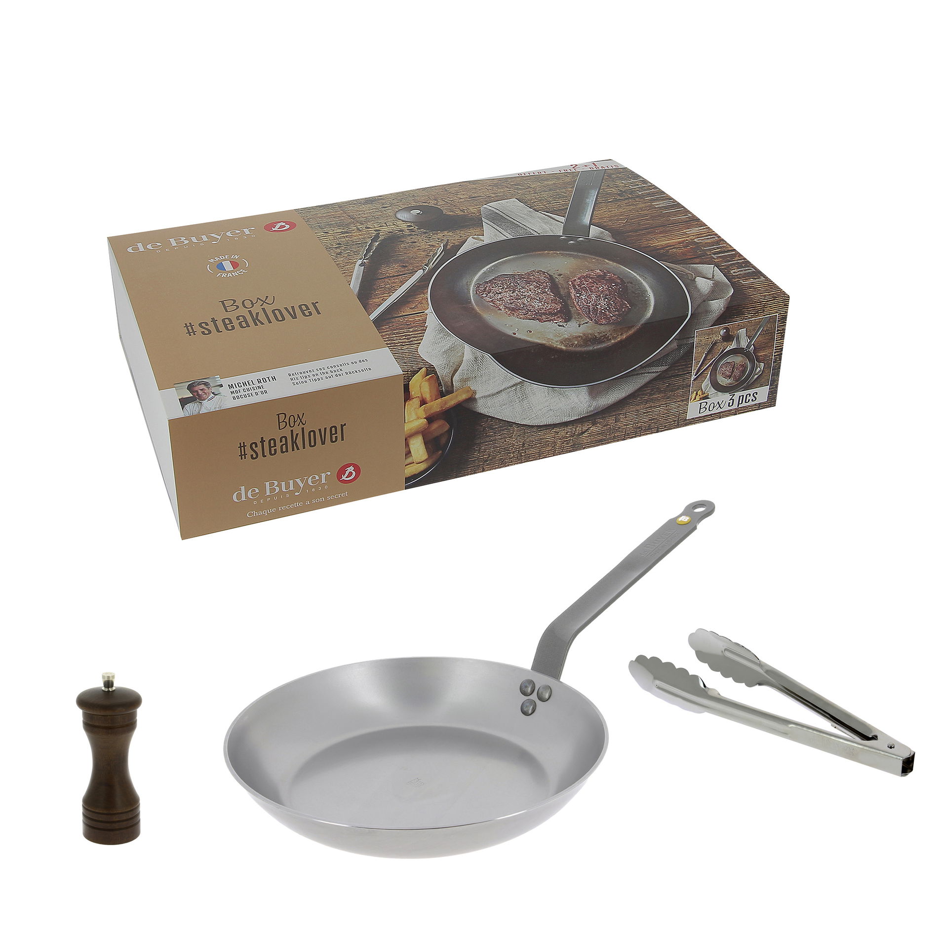 DE BUYER Mineral B 26 cm – pánev z uhlíkové oceli s mlýnkem na pepř a kleštěmi