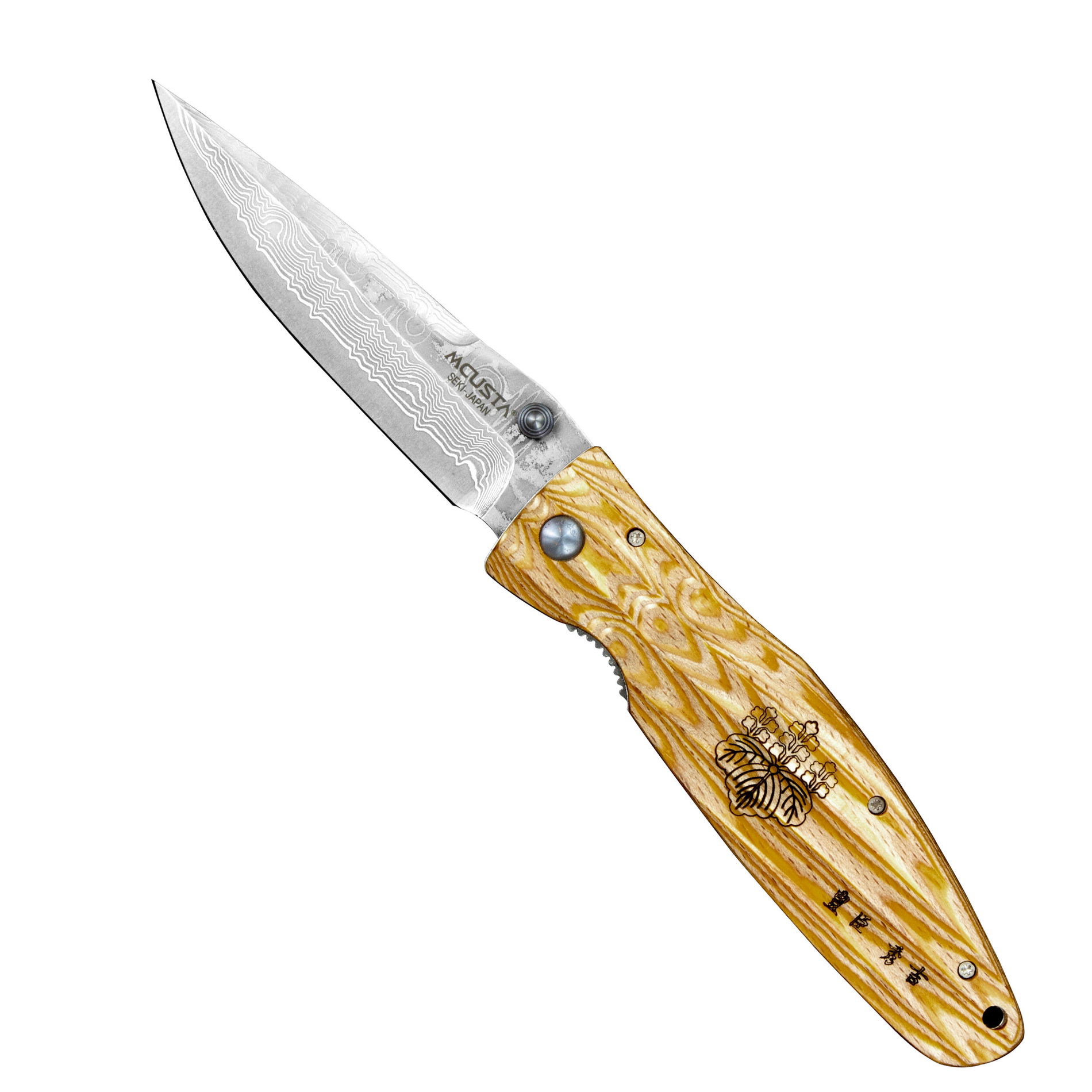 MCUSTA Sengoku Yellow Pakka Damascus 8,5 cm - japoński nóż survivalowy składany ze stali damasceńskiej