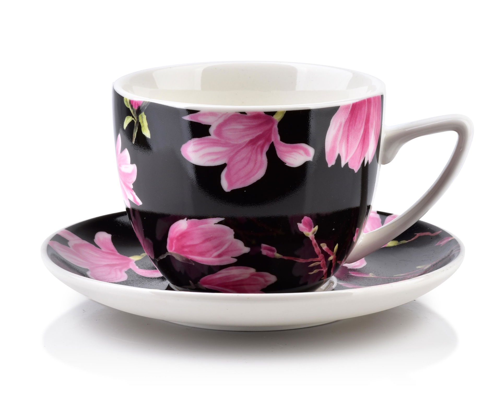 Porcelánové šálky na kávu a čaj s tanierikmi AFFEK DESIGN AYLA MAGNOLIA ČIERNE 250 ml 6 ks.