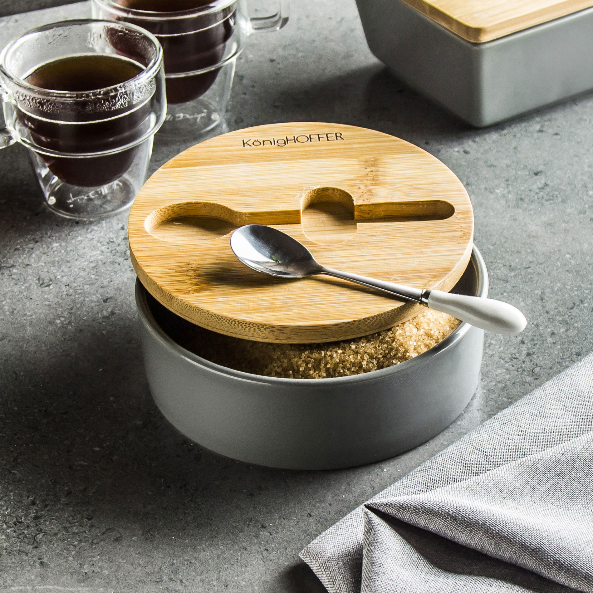 Porcelánová cukřenka s lžičkou KONIGHOFFER BAMBOO WOOD šedá 350 ml