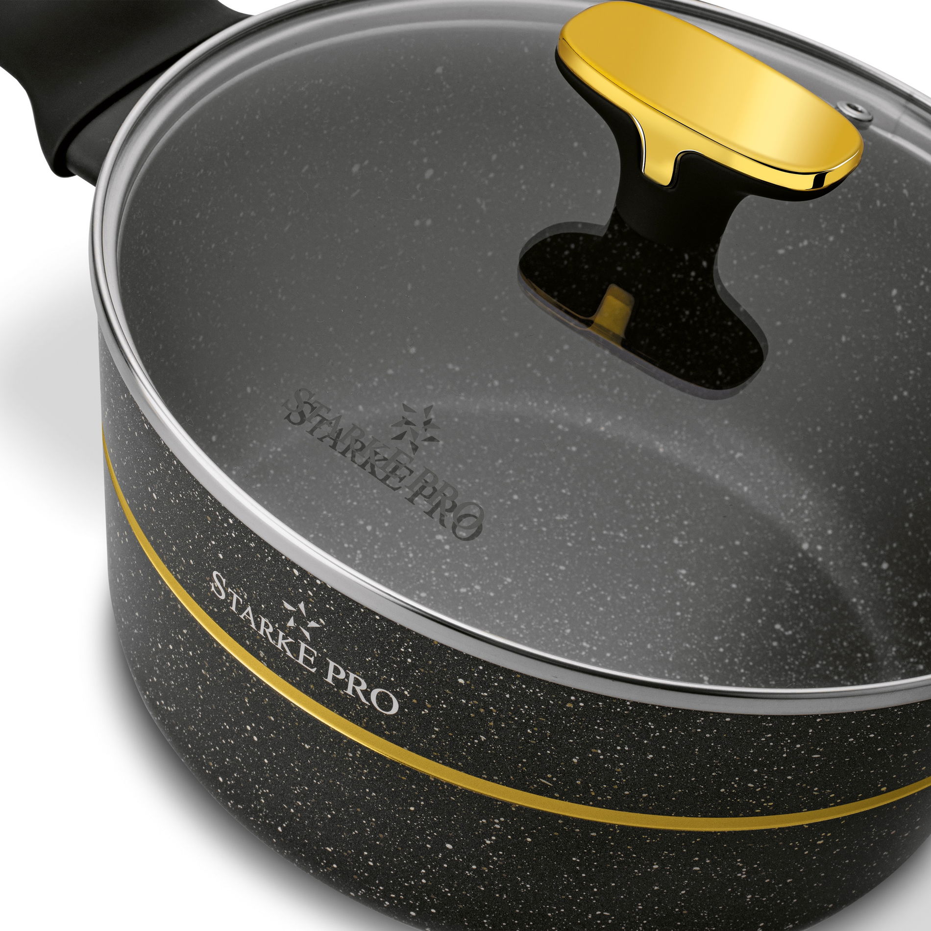 Zestaw 4 garnków granitowych z pokrywkami i patelnią STARKE PRO GOLDEN MARBLE 10 el.