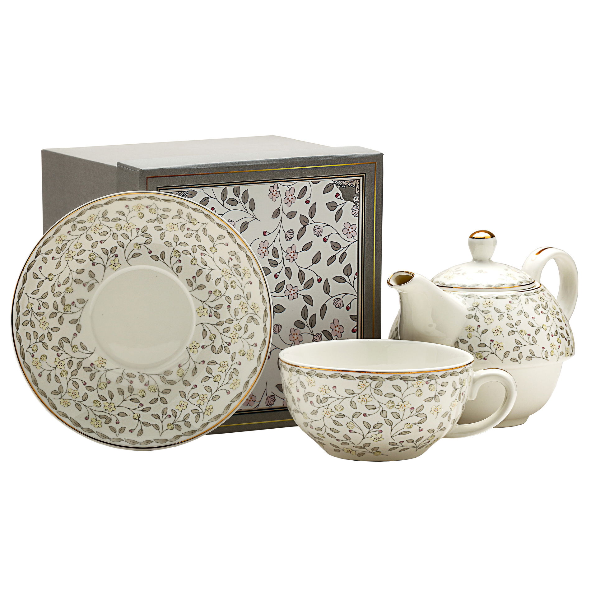 Porcelánová konvice na čaj a kávu s šálkem a podšálkem ENGLISH COLLECTION FLOWERS bílá 0,45 l
