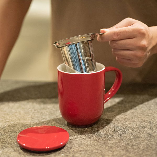 LOVERAMICS Pro Tea Red 300 ml - kubek porcelanowy z zaparzaczem i pokrywką