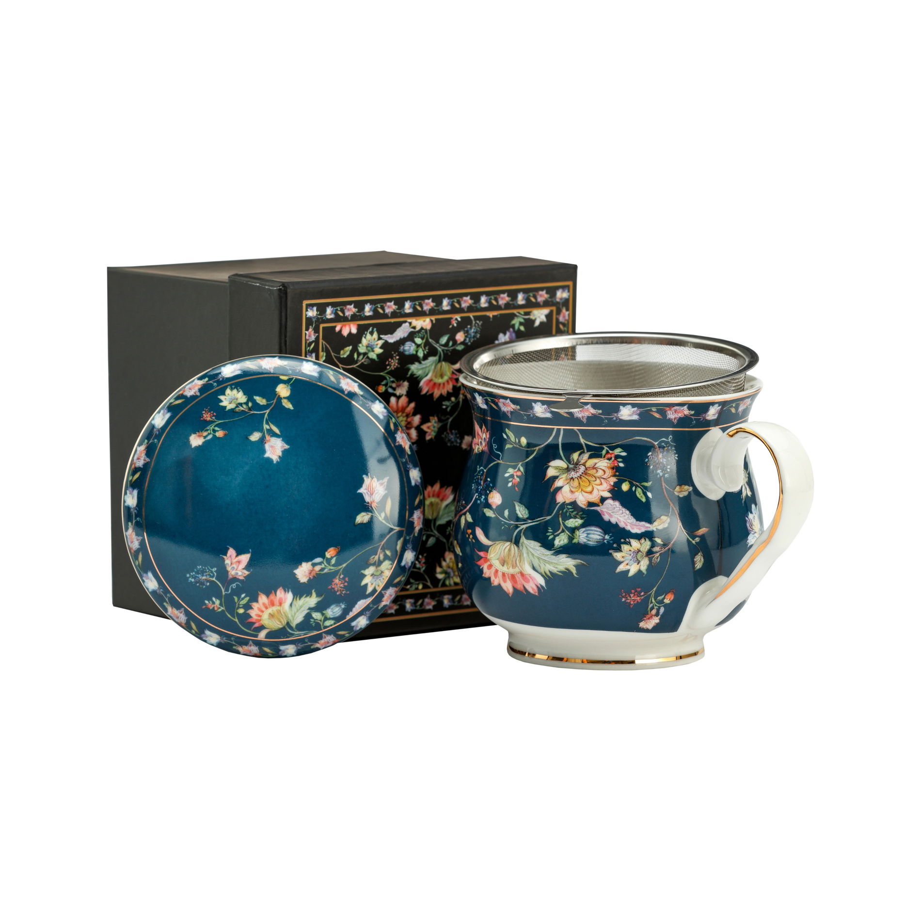 Porcelánový hrnček s čajovým infúzerom a vekom ŁĄKOWE KWIATY II MORSKI 480 ml