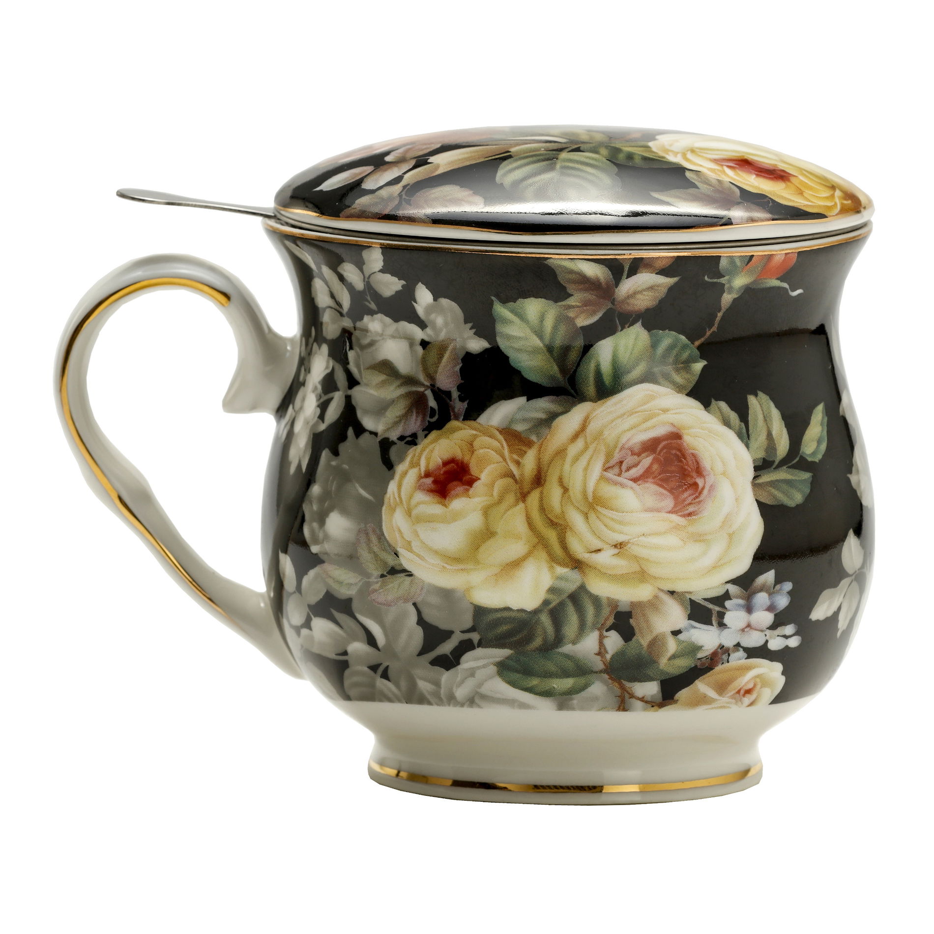 Porcelánový hrnek na sypaný čaj se sítkem a pokličkou RŮŽE černý 480 ml