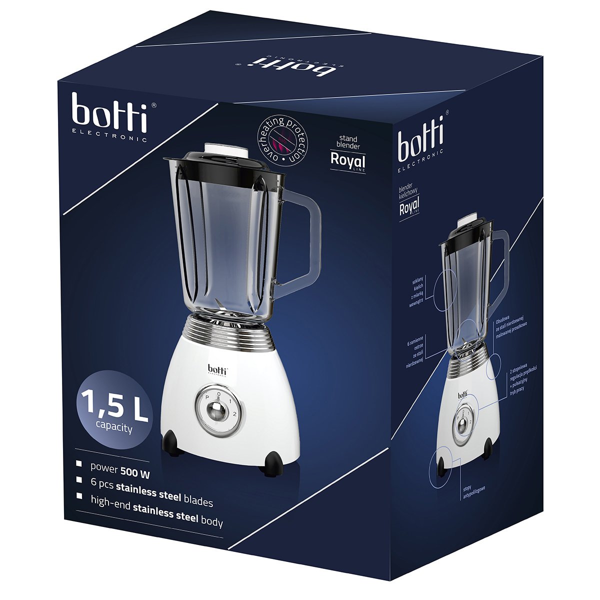 Nerezový stolni mixer (smoothie) BOTTI ROYAL LINE bílý 1,5 l 500 W