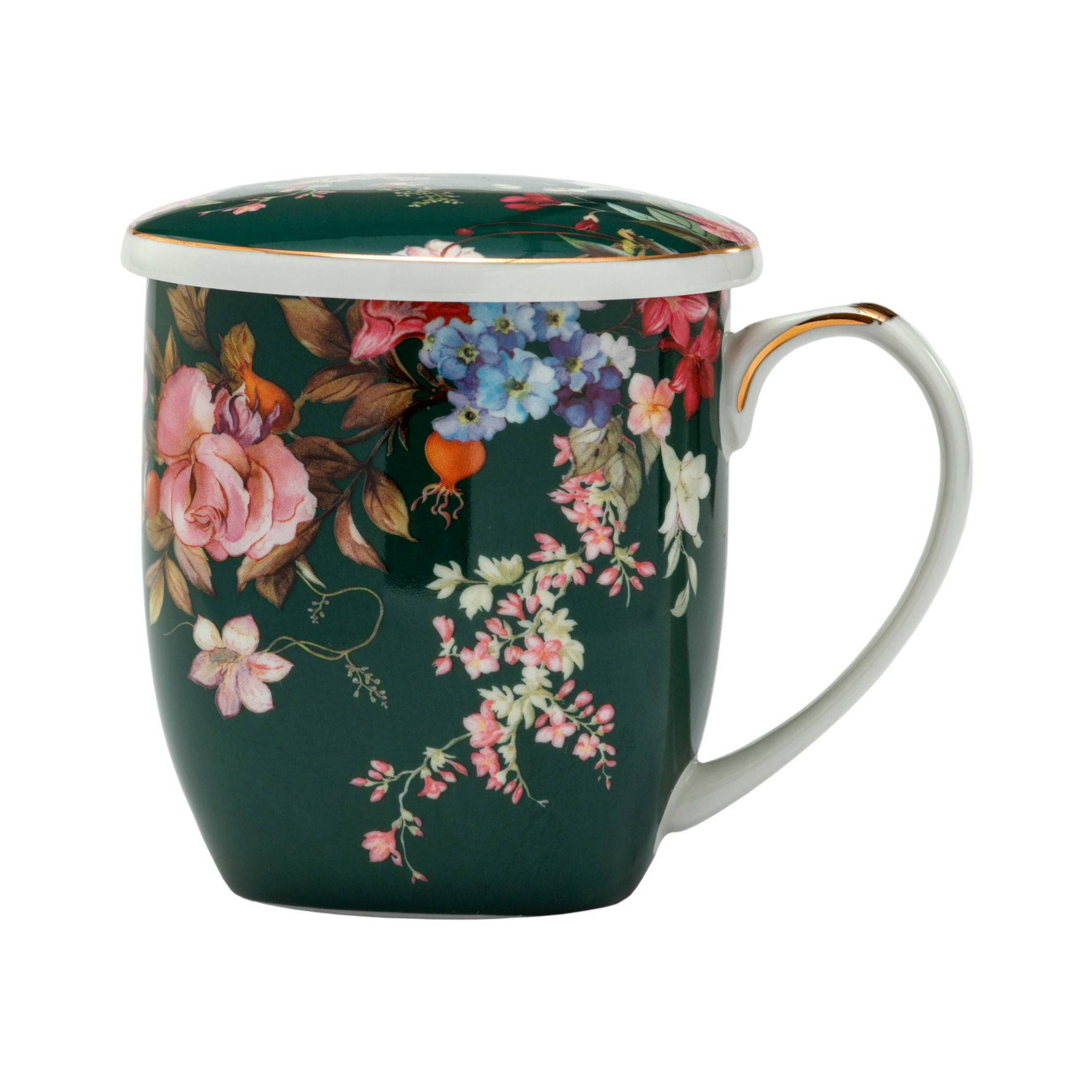 Porcelánový hrnček s čajovým infúzerom a vekom JARNÉ KVETY TMAVOZELENÝ 375 ml