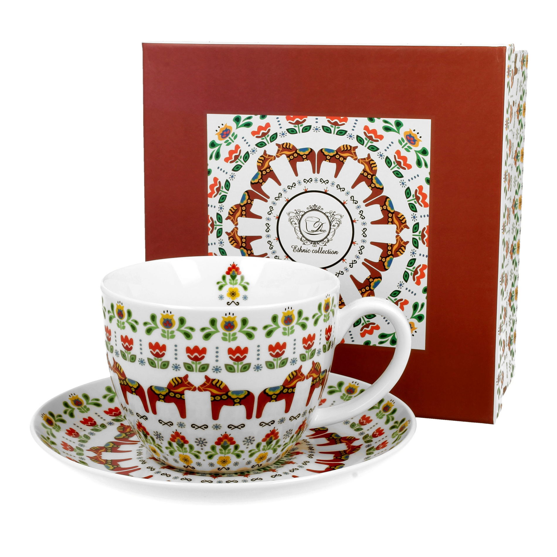 Porcelánový šálka na kávu a čaj s tanierikom DUO ETNO SKANDINÁVSKY VZOR 470 ml
