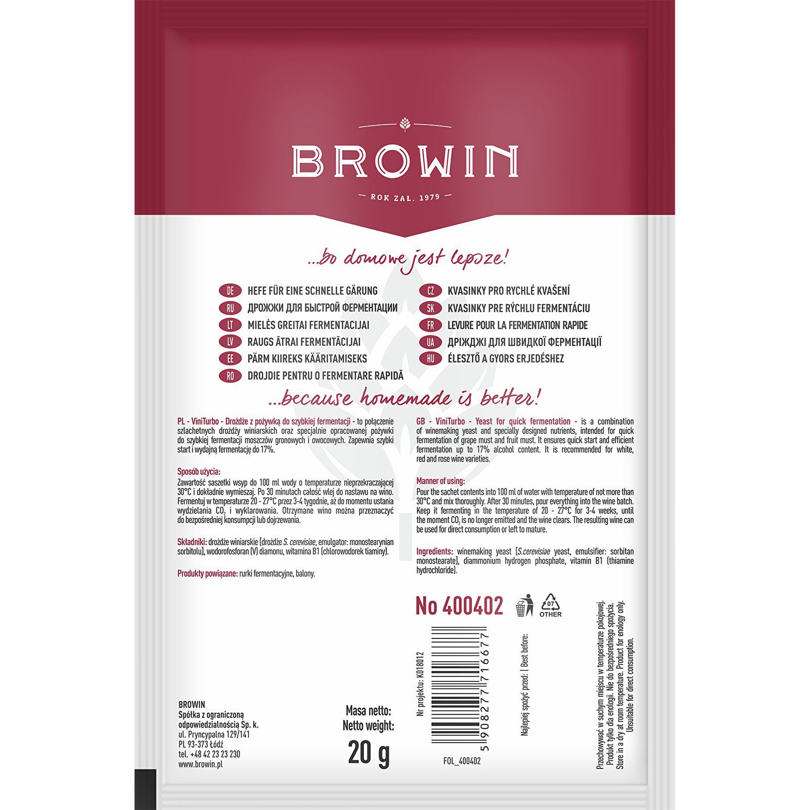 BROWIN ViniTurbo 20 g - vinné kvasinky pro rychlé kvašení