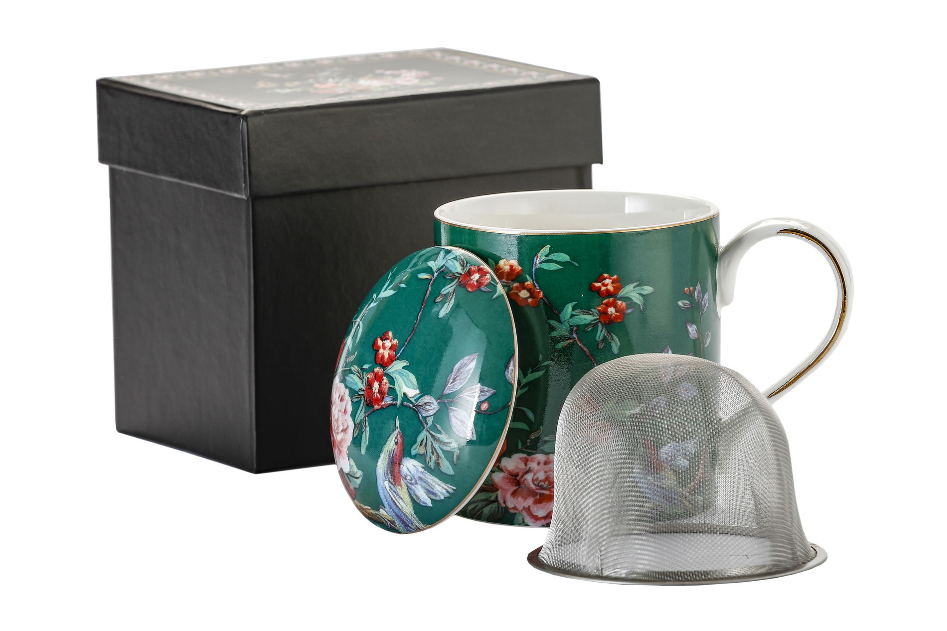 Kubek porcelanowy z zaparzaczem i pokrywką ZIELONY 360 ml