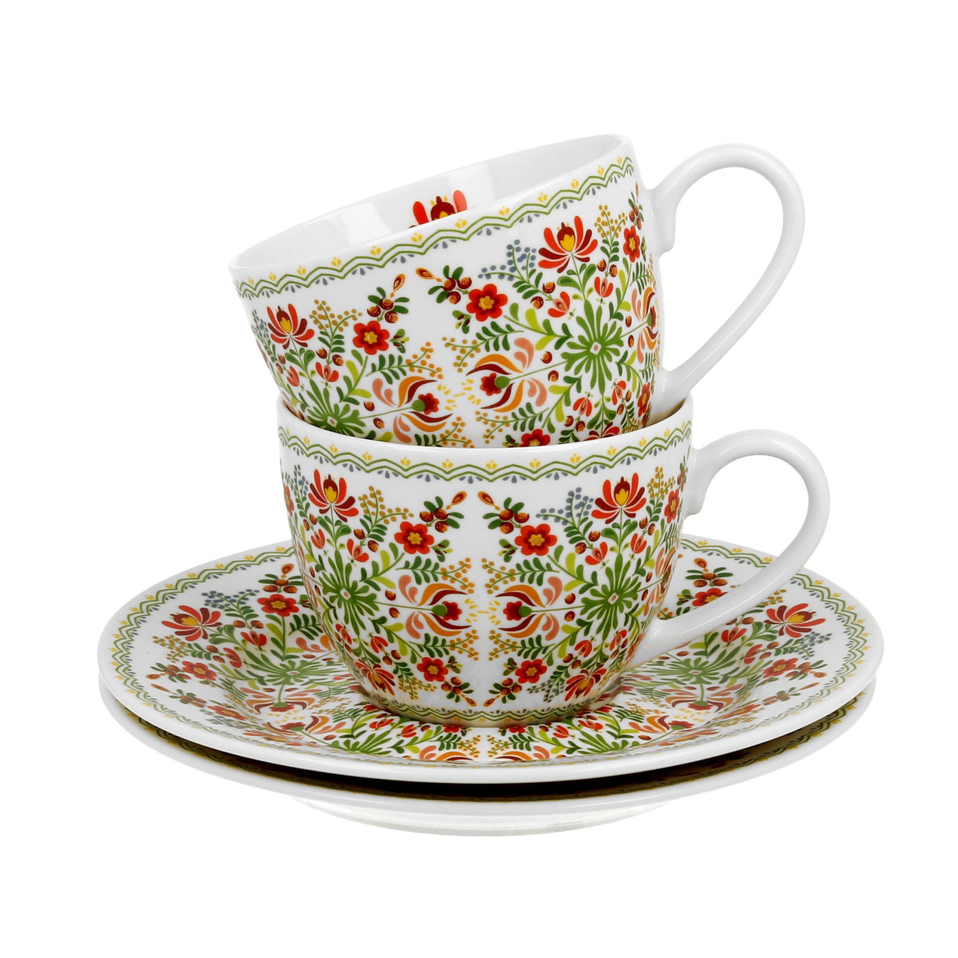 Porcelánové šálky na espresso s tanierikmi DUO ETNO MAĎARSKÝ VZOR 110 ml 2 ks.
