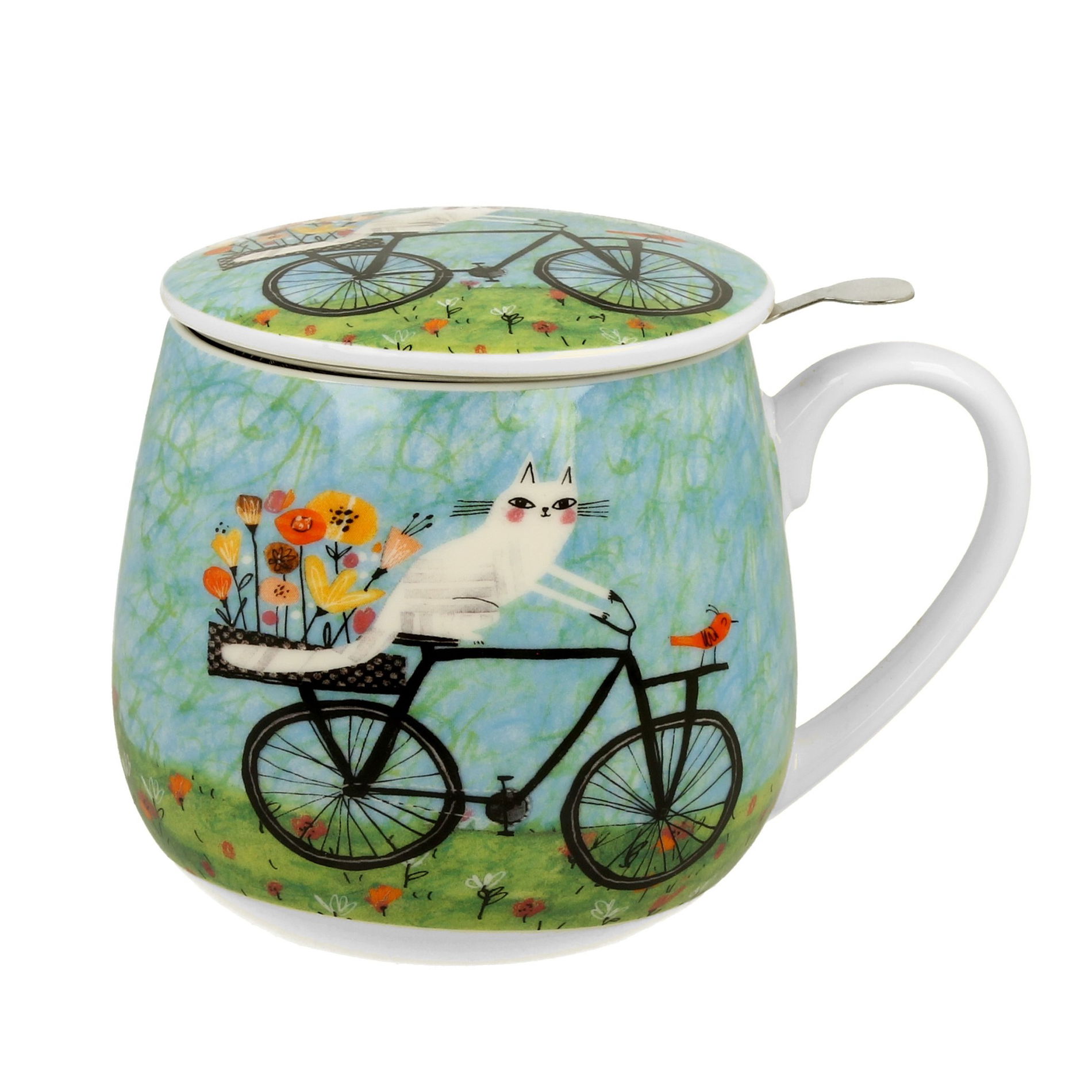 Porcelánový hrníček s konvičkou a víčkem DUO ANIMALS KOČIČÍ SVĚT KOLA 430 ml