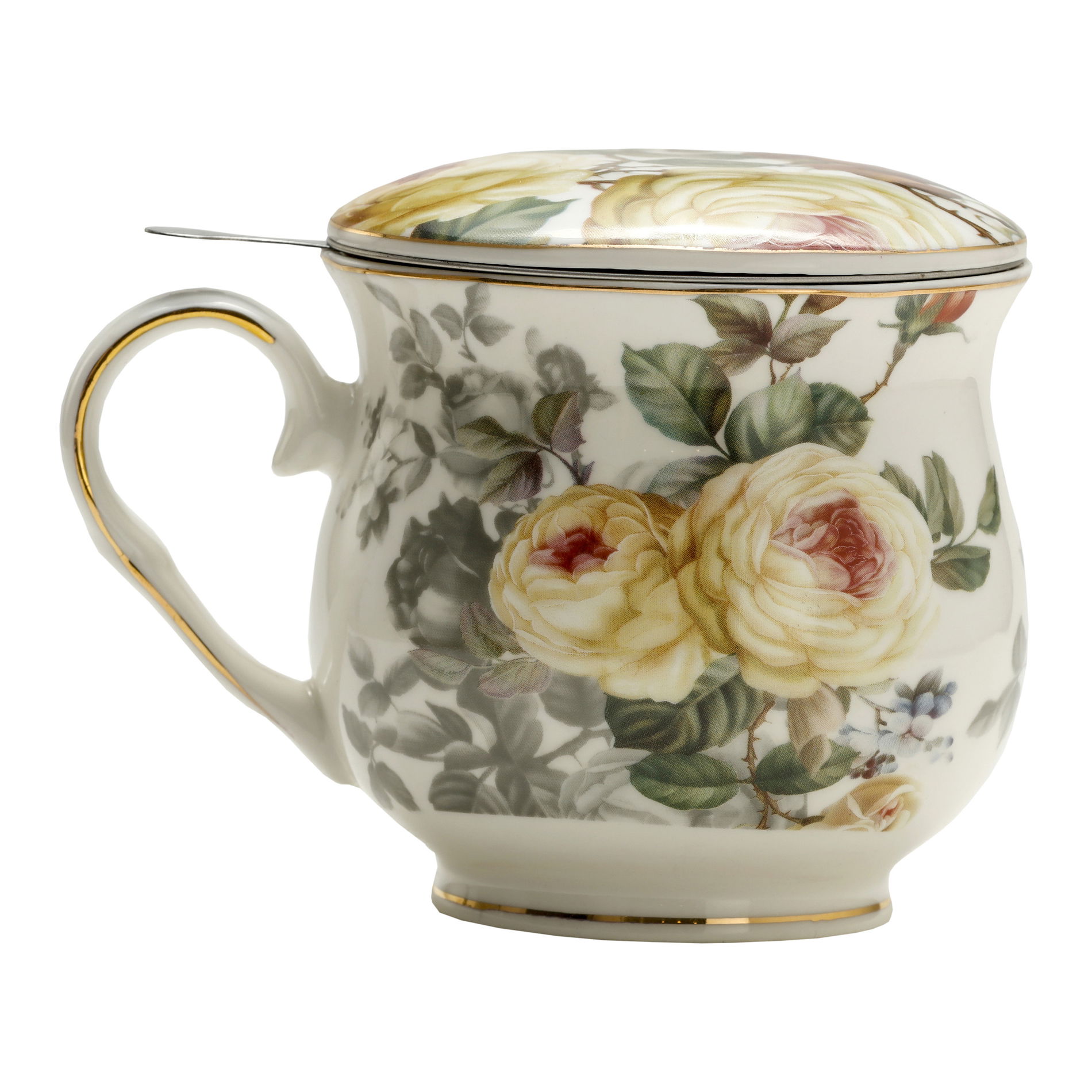 Porcelánový hrnek na sypaný čaj se sítkem a pokličkou RŮŽE bílý 480 ml