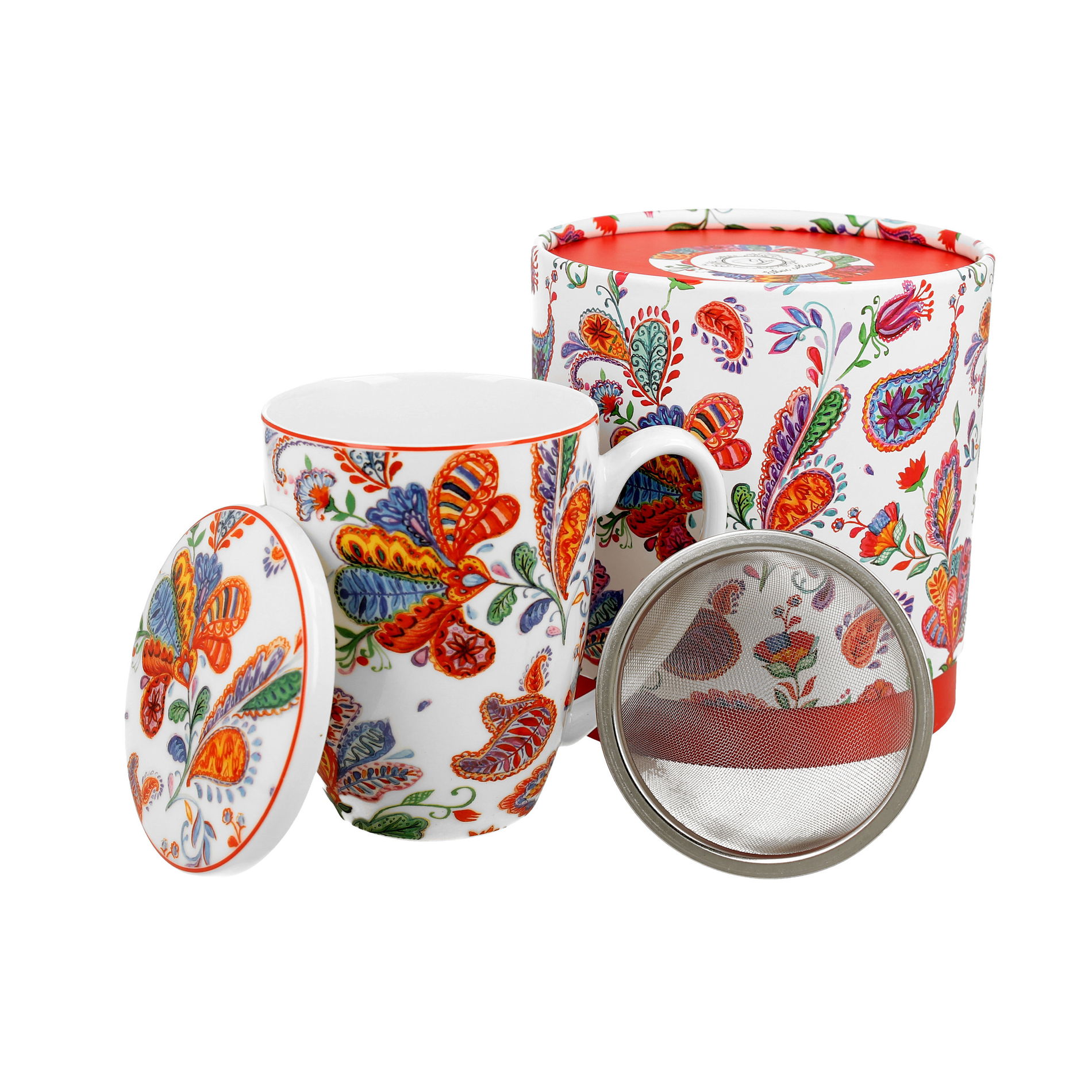 Porcelánový hrnek se zapařovačem a pokličkou DUO ART ETNO FOLKLOR KRÉMOVĚ-BÍLÝ 420 ml