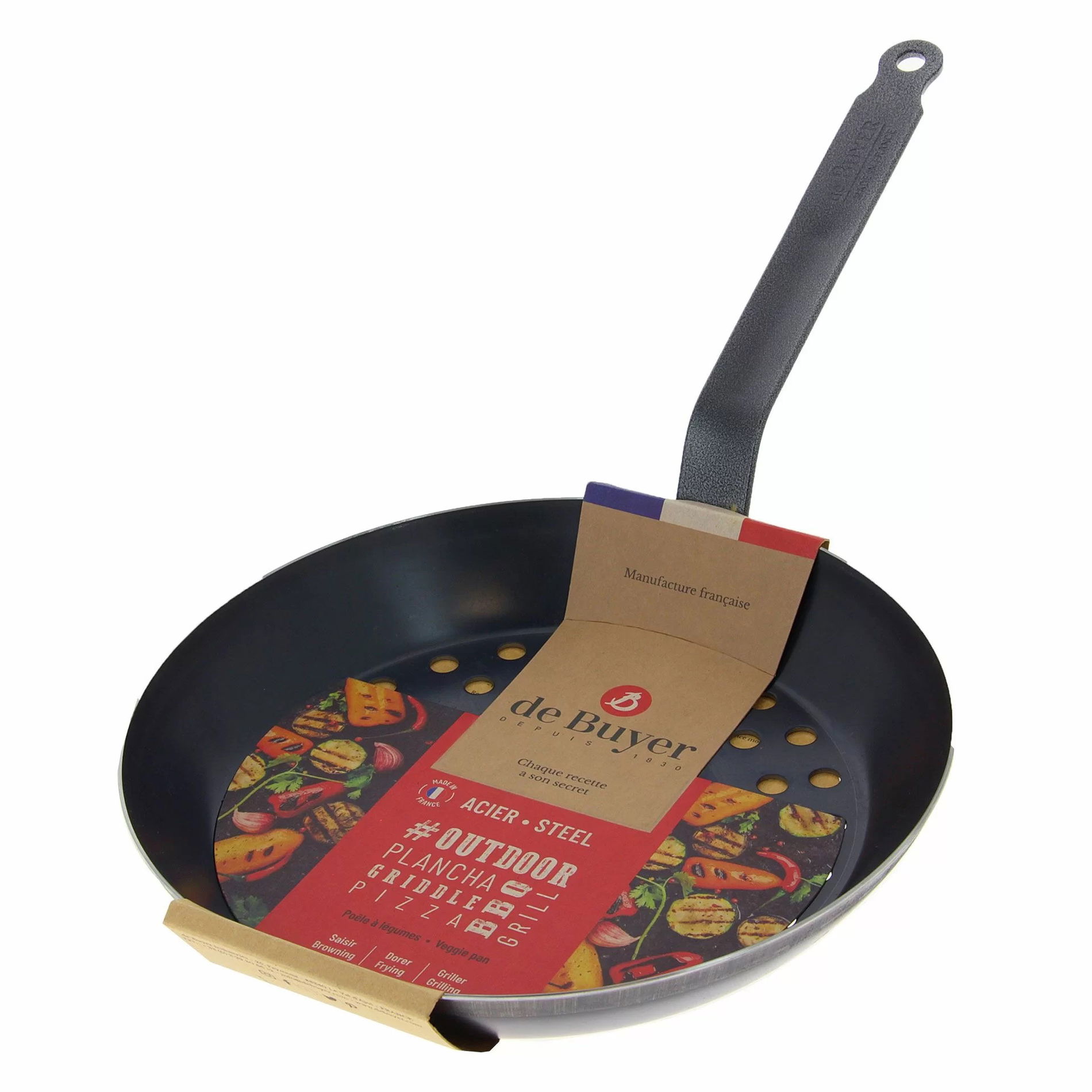 DE BUYER Outdoor 28 cm - patelnia na grilla perforowana ze stali węglowej