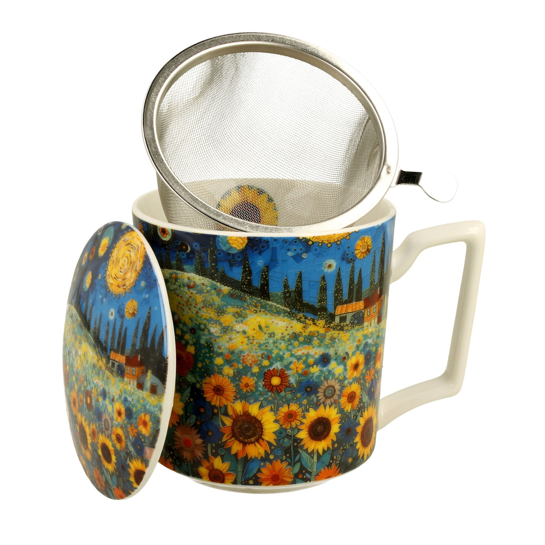 Kubek porcelanowy z zaparzaczem i pokrywką DUO MODERN SUNFLOWER FIELD 450 ml