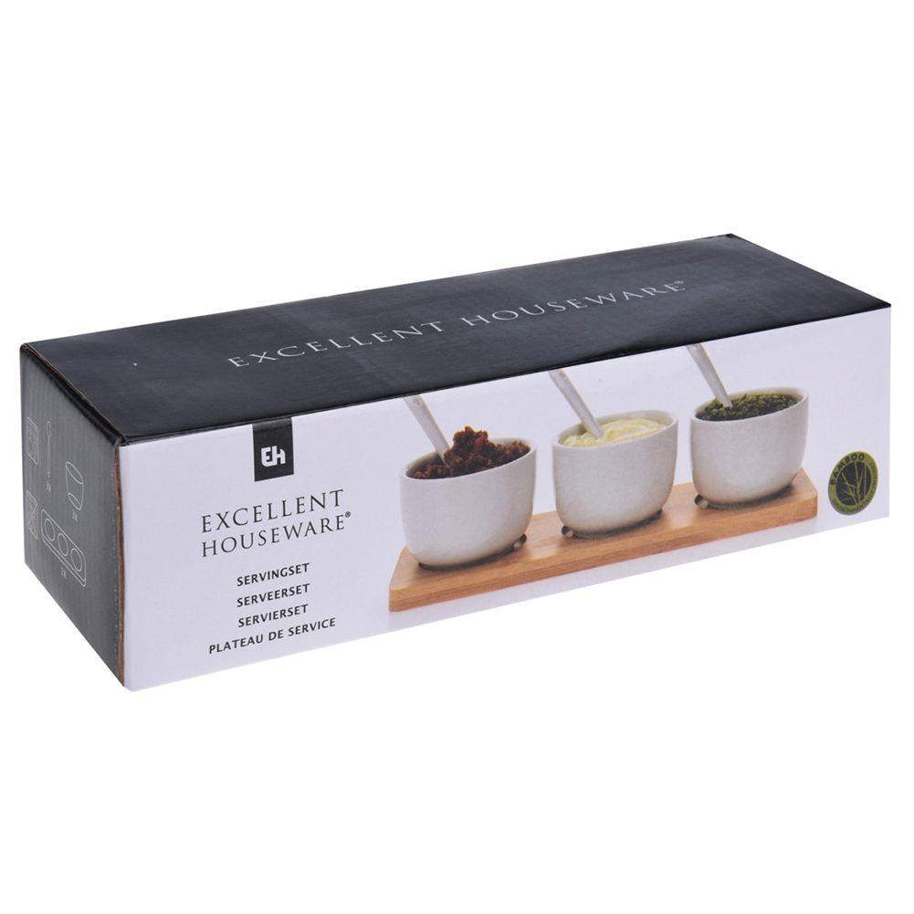 Miseczki do dipów i na przekąski ceramiczne na podstawce z łyżeczkami EXCELLENT HOUSEWARE BAMBOO CUPS 3 szt.