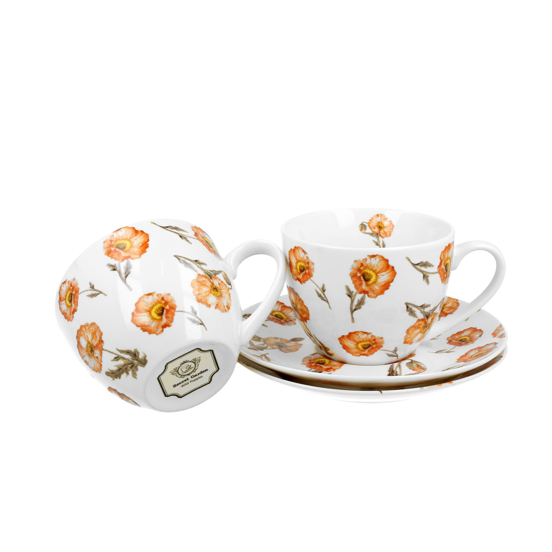 Filiżanki do kawy i herbaty porcelanowe ze spodkami DUO SECRET GARDEN KREMOWE 280 ml 2 szt.