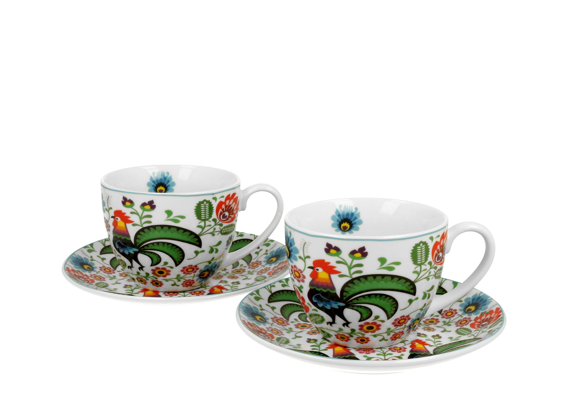 Filiżanki do kawy i herbaty porcelanowe ze spodkami DUO KOGUTY FOLK 250 ml 2 szt.