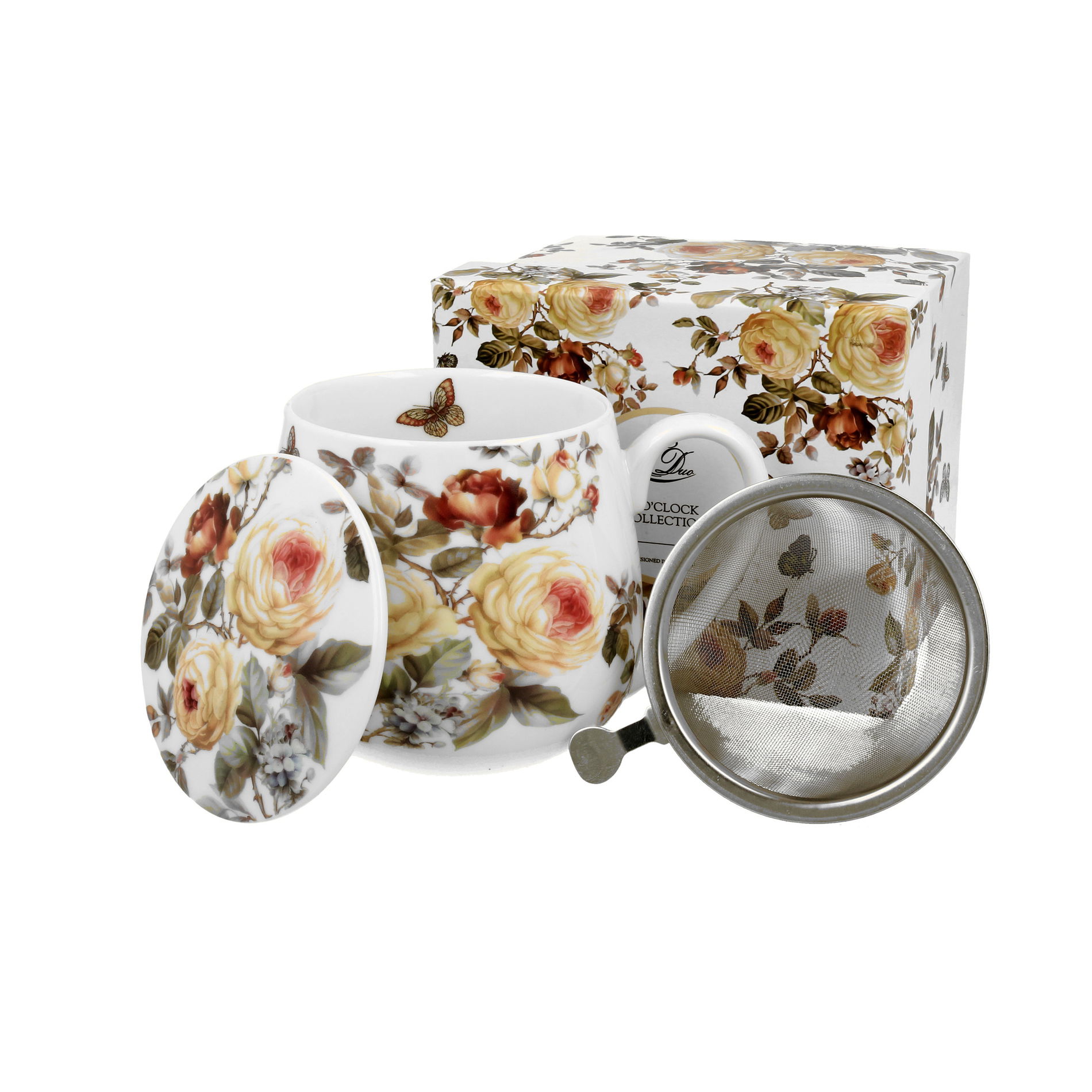 Porcelánový hrnček s čajovým infúzerom a vekom DUO ROMANTIC ZAHRA BIELY 430 ml