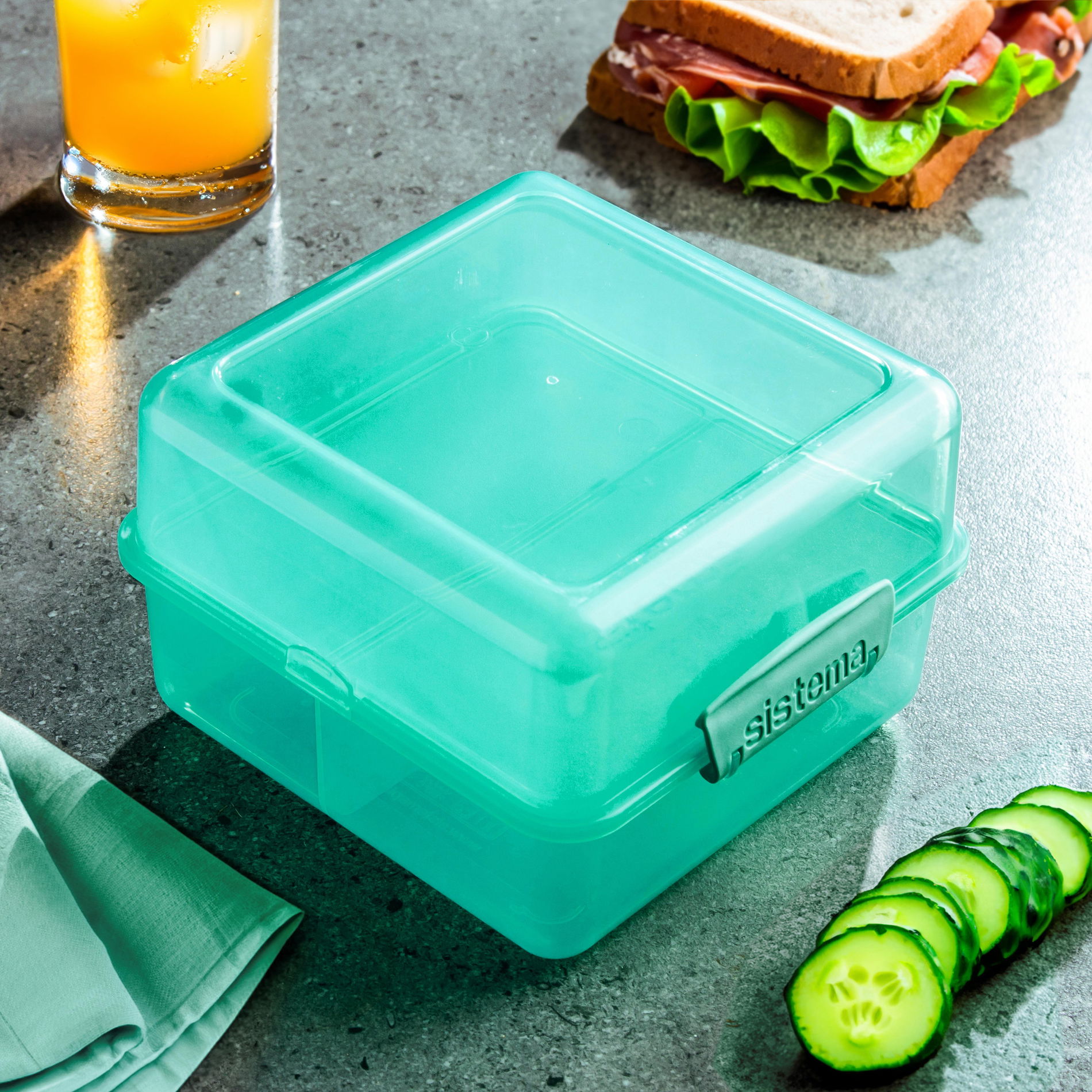 SISTEMA Lunch Cube Coloured 1,4 l zelená - krabička na oběd / tříkomorová plastová taška na snídani