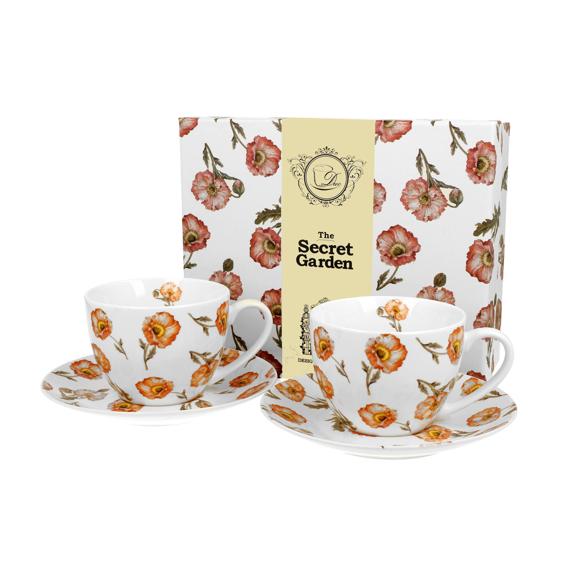 Filiżanki do kawy i herbaty porcelanowe ze spodkami DUO SECRET GARDEN KREMOWE 280 ml 2 szt.