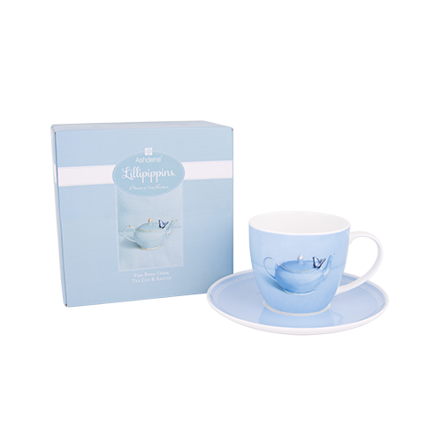 Porcelánový šálek na kávu a čaj s podšálkem ASHDENE LILIPIPPINS MOTÝL modrý 250 ml