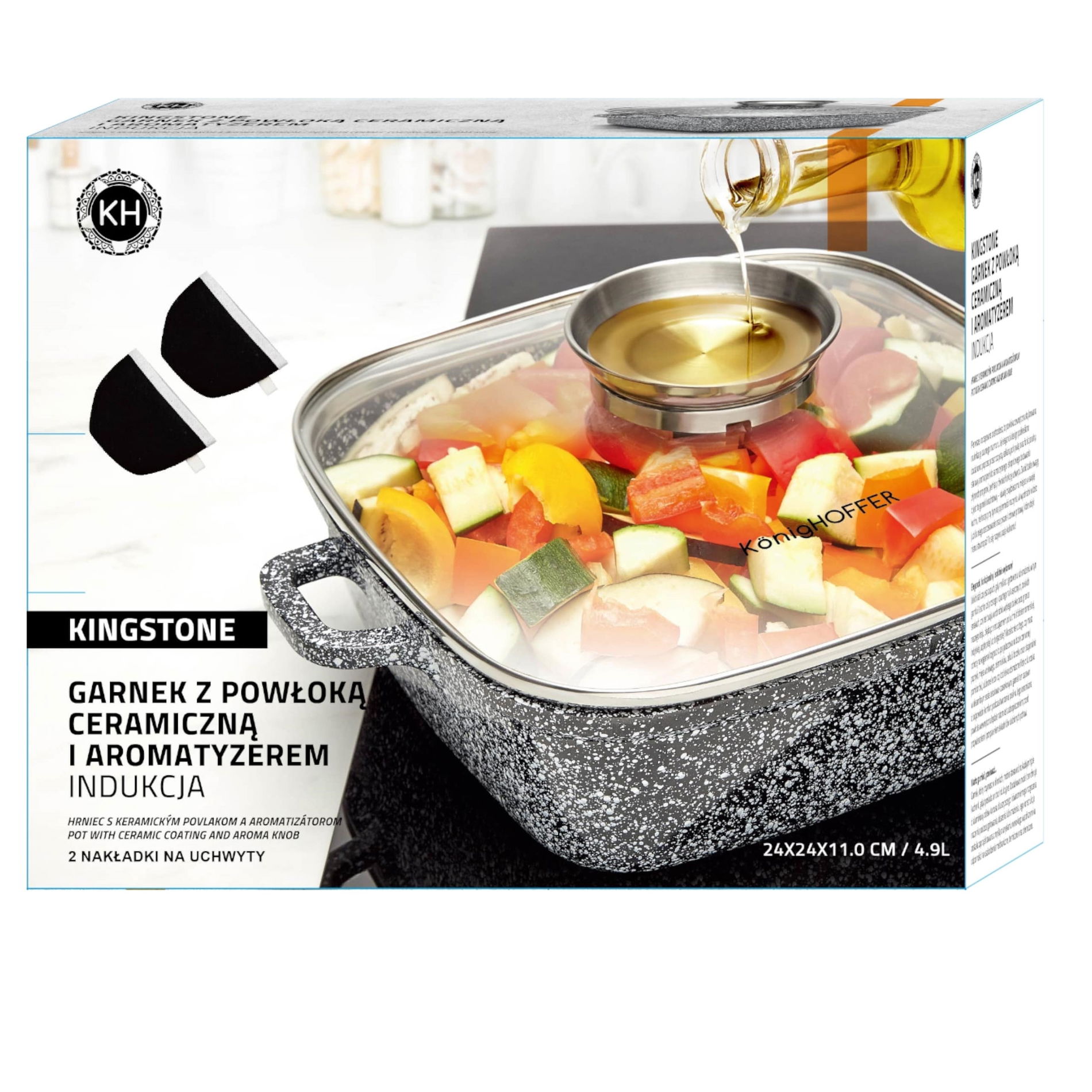 KONIGHOFFER KINGSTONE HIGH BLACK Hliníkový hrnec o objemu 4,9 l s poklicí, aromatizátorem a topnými tělesy