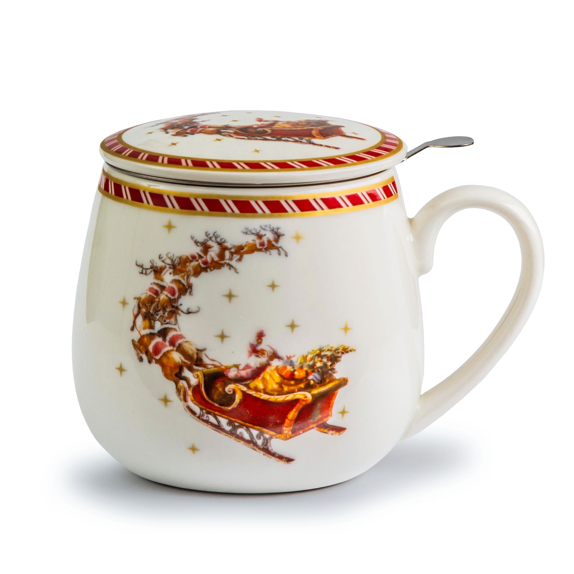 Porcelánový hrnček s čajovým infúzerom a vekom DUO SANTA ON SLEIGH 430 ml