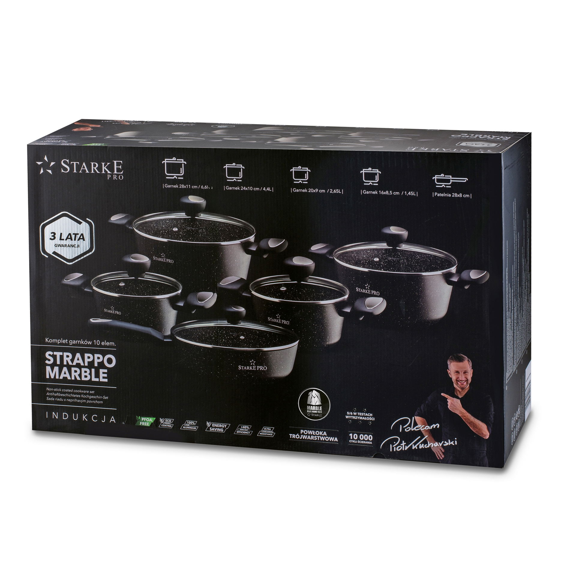 Zestaw 4 garnków granitowych z pokrywkami i patelnią STARKE PRO STRAPPO MARBLE 10 el.