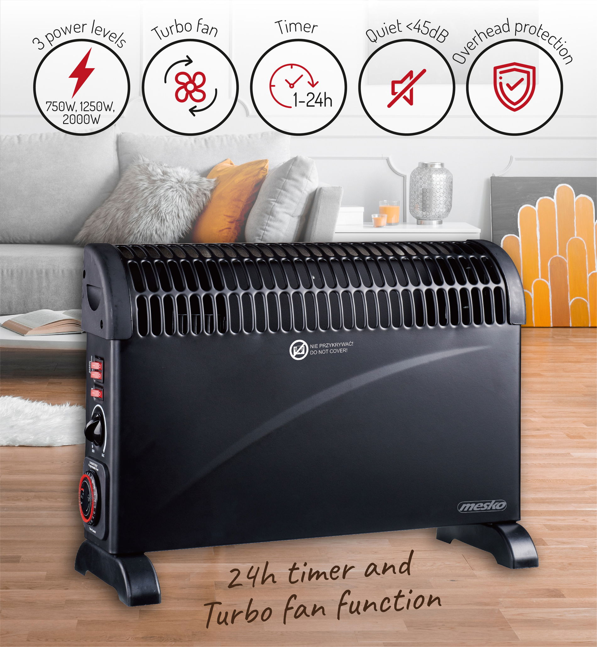 Konvektor / elektrický radiátor MESKO MS 7741b 2000 W ČIERNY